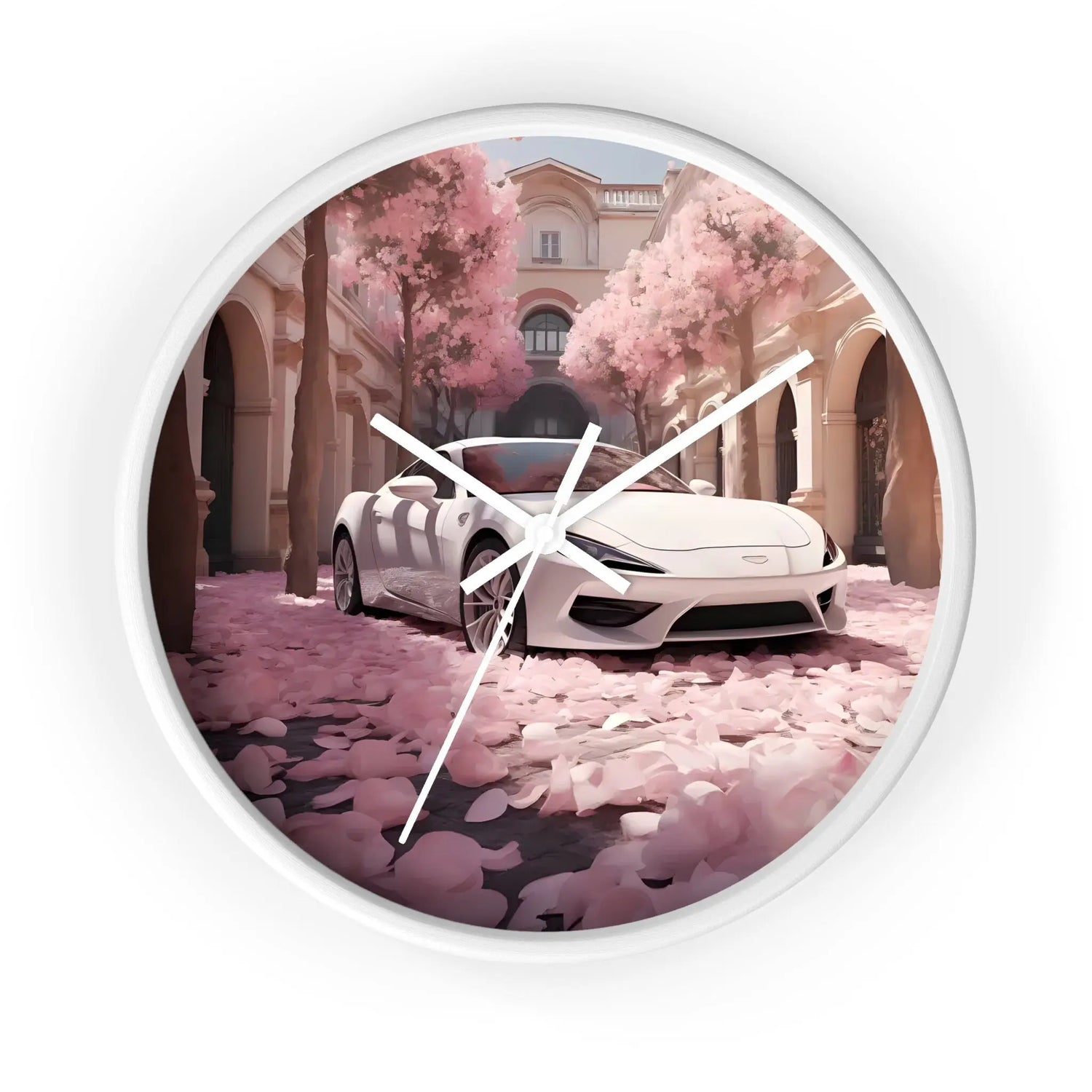 Wall Clock, White Lamborghini modern day exotic car portrait home room soft pink rose petal wall art decor designer Gift The Aurora Touch
