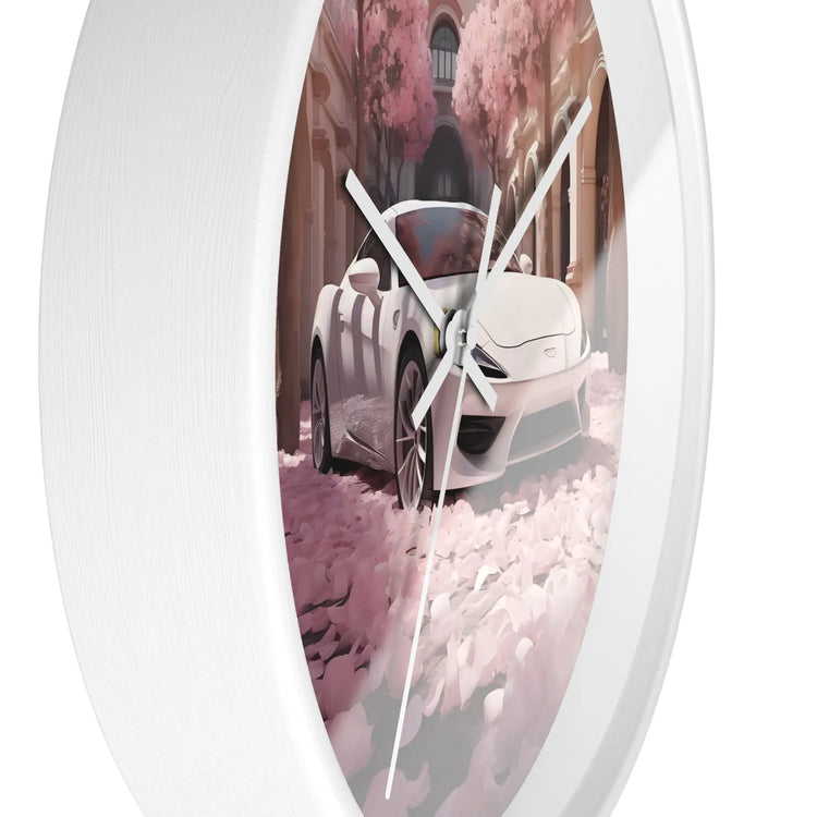Wall Clock, White Lamborghini modern day exotic car portrait home room soft pink rose petal wall art decor designer Gift The Aurora Touch