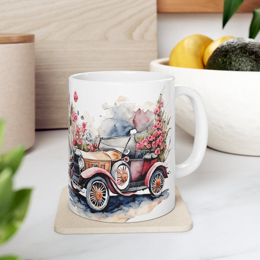 Ceramic Mug 11oz, Vintage Rose Car Coffee mug, Pretty Flowered mug, Pink classic mother mug, Valentines Flowery Mug, Mamma gift