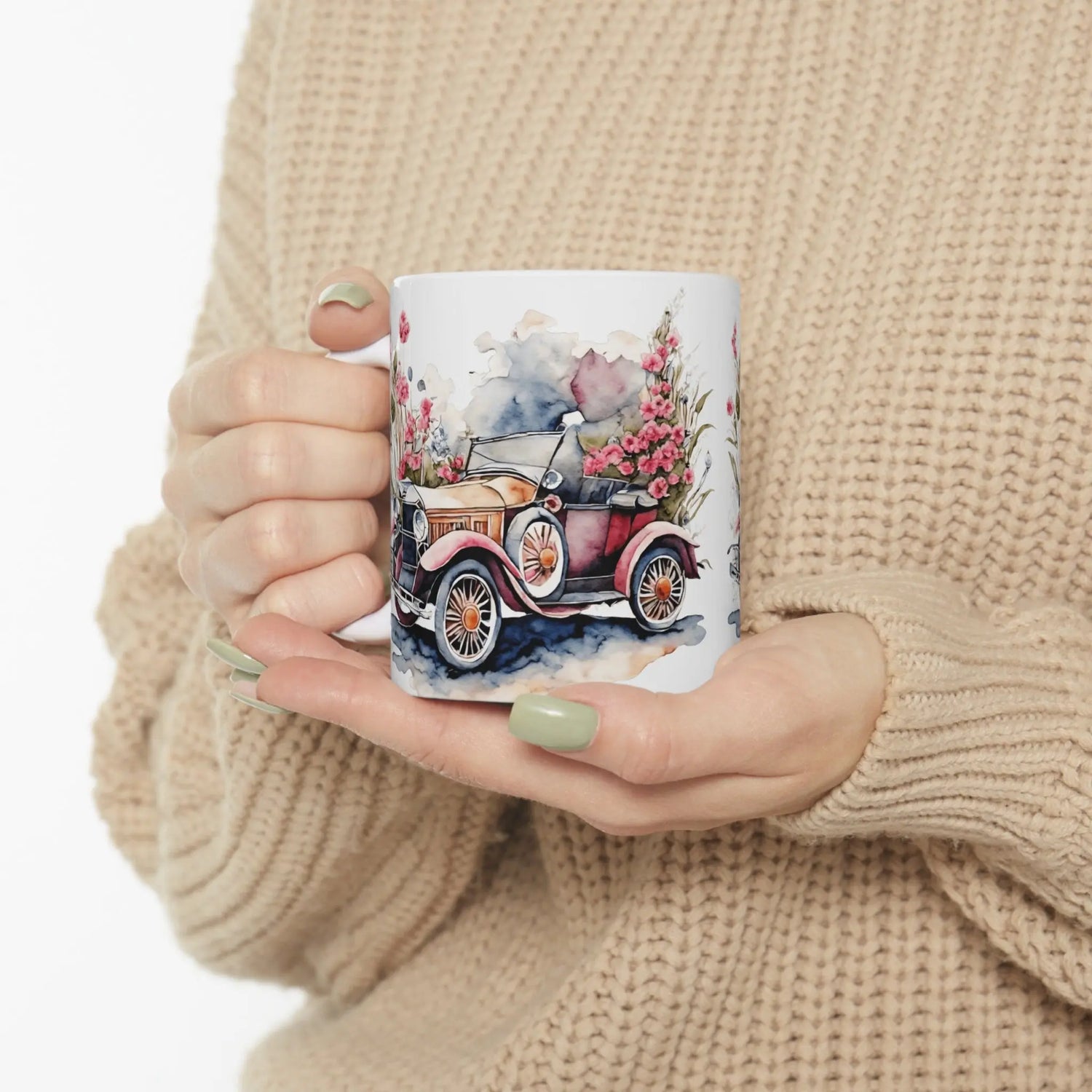 Ceramic Mug 11oz, Vintage Rose Car Coffee mug, Pretty Flowered mug, Pink classic mother mug, Valentines Flowery Mug, Mamma gift The Aurora Touch