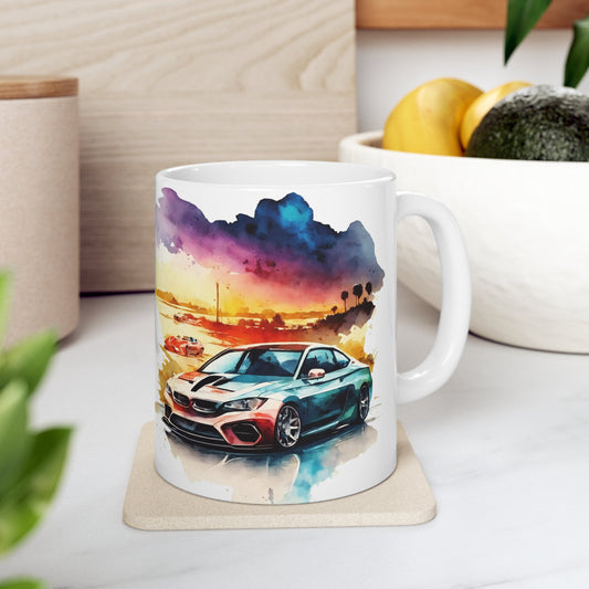 Ceramic Mug 11oz, Colorful Watermark sportscar Mug, Vivid enlighted coffee mug, BMW Sportscar portrait design, Car lover sportscar mug