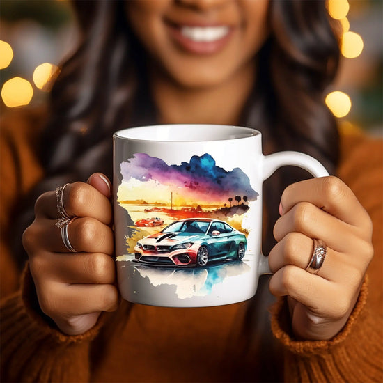 Ceramic Mug 11oz, Colorful Watermark sportscar Mug, Vivid enlighted coffee mug, BMW Sportscar portrait design, Car lover sportscar mug The Aurora Touch