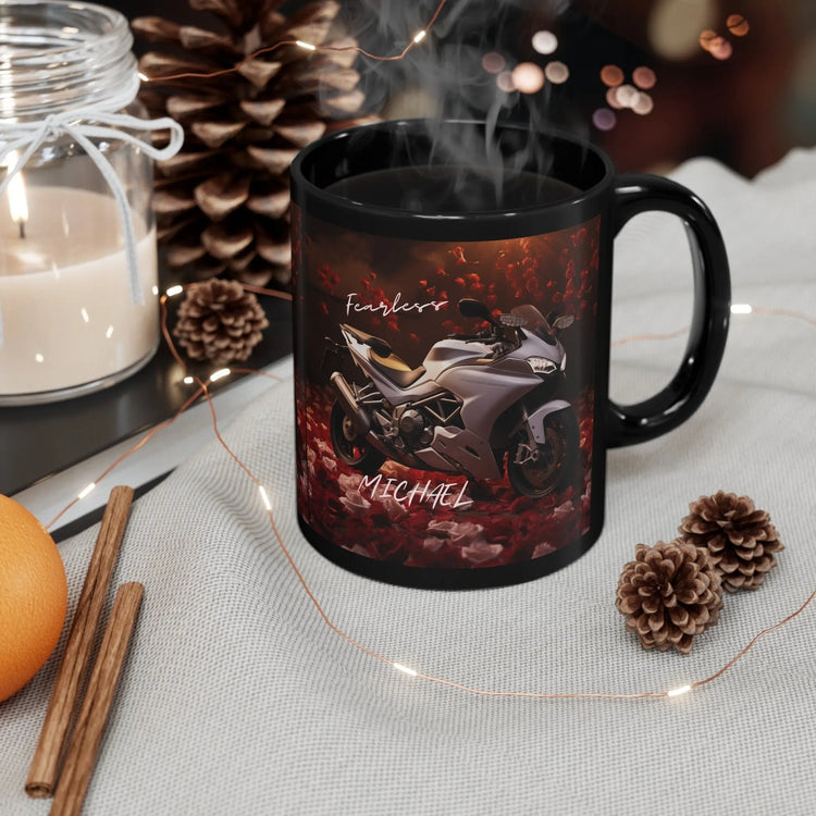 11oz Black Mug, Personalized stylish Ducatti motorcycle design fancy bike portrait beverage cup great for Bachelor boyfriend husband The Aurora Touch