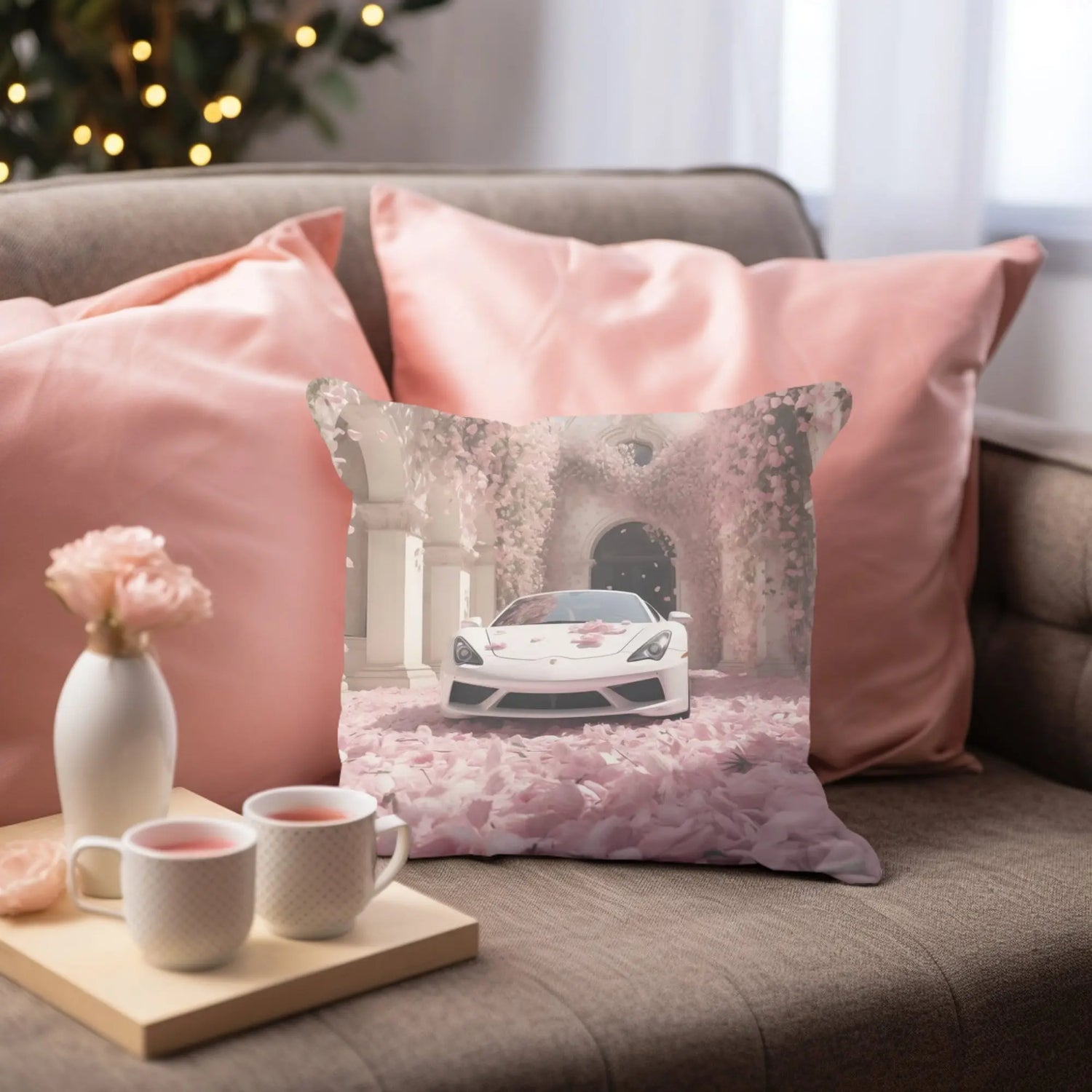 Spun Polyester Square Pillow, White Lamborghini portrait, Throw cushion, Designer pillow, Couch pillow, Bench pillow, Home Interior Decor The Aurora Touch