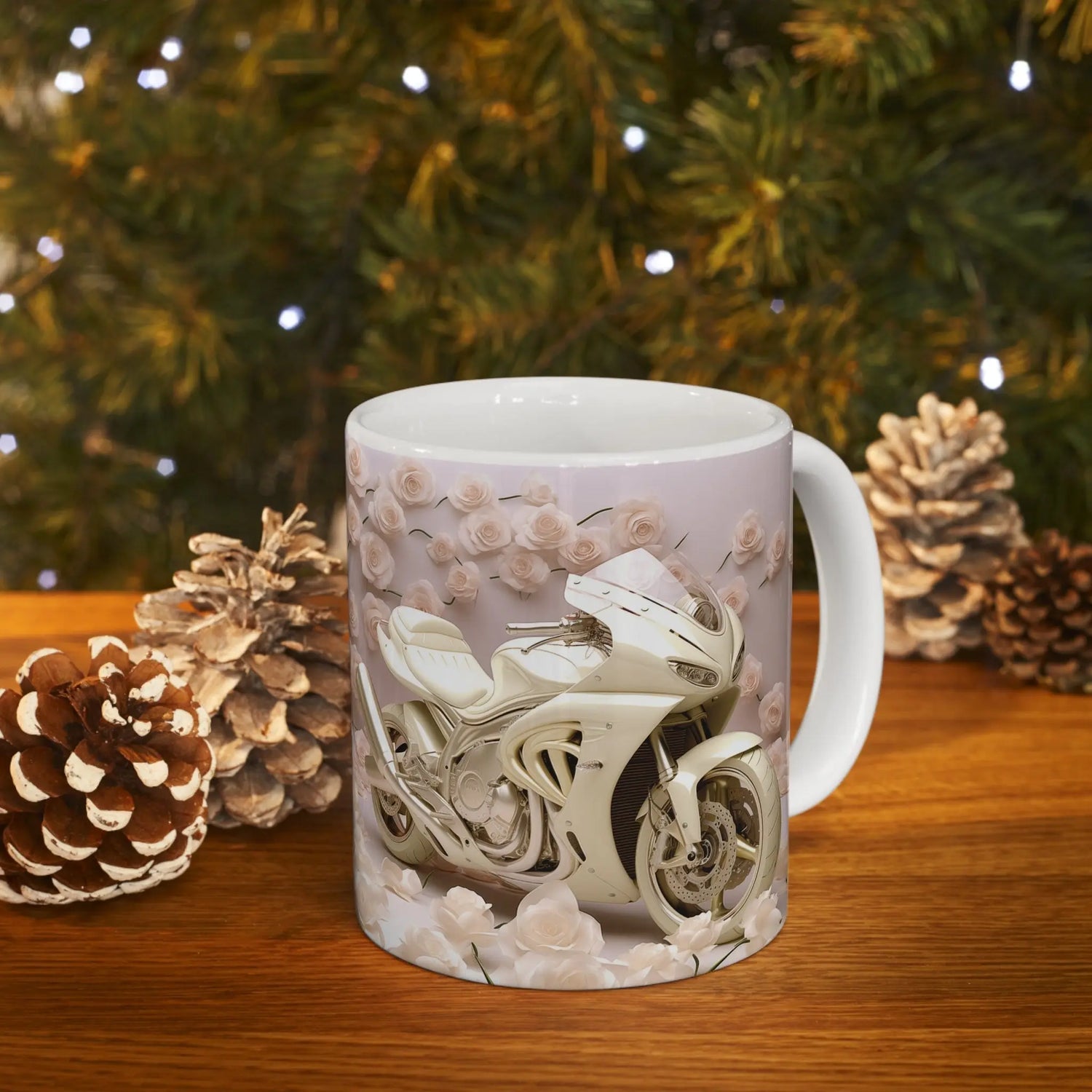 Ceramic Mug 11oz, Fancy Motorcycle pastel floral design  fast bike lover coffee hot tea beverage cup great gift for her The Aurora Touch