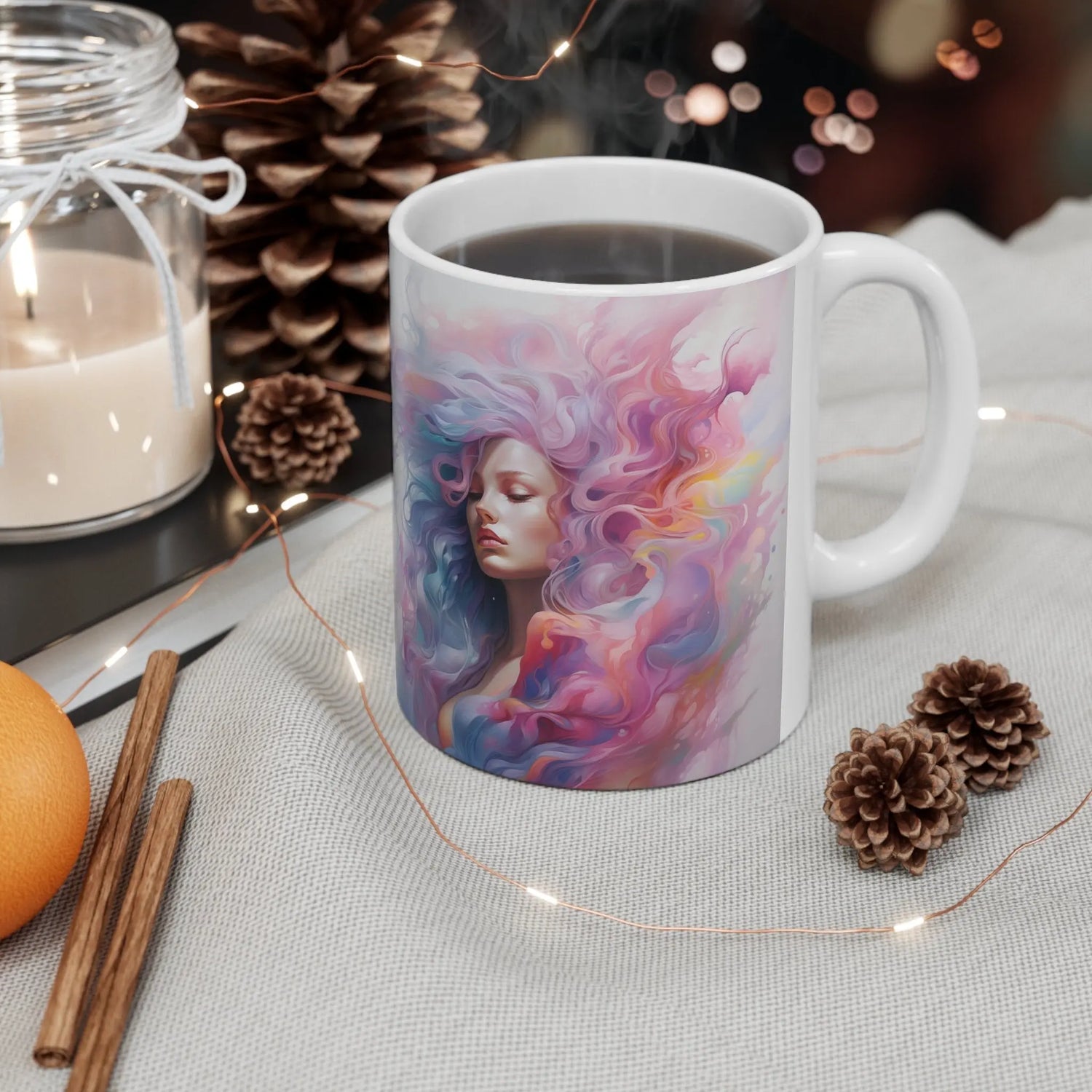 Ceramic Mug 11oz, Artful coffe mug, Art Deco Designs, Women Portrait, Designer mug, MultiColor gift item, Eccentric Mug, Unique gift The Aurora Touch