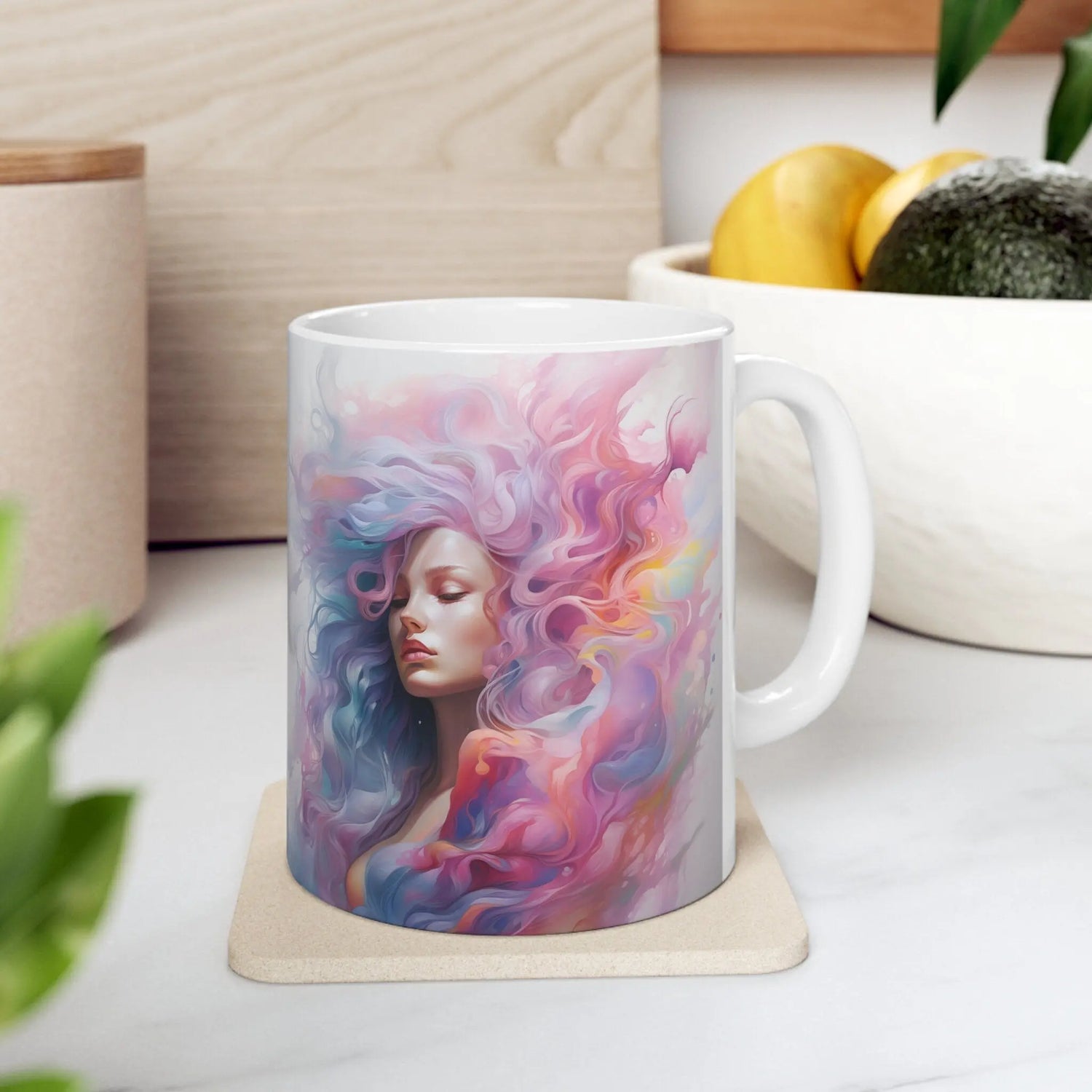 Ceramic Mug 11oz, Artful coffe mug, Art Deco Designs, Women Portrait, Designer mug, MultiColor gift item, Eccentric Mug, Unique gift The Aurora Touch