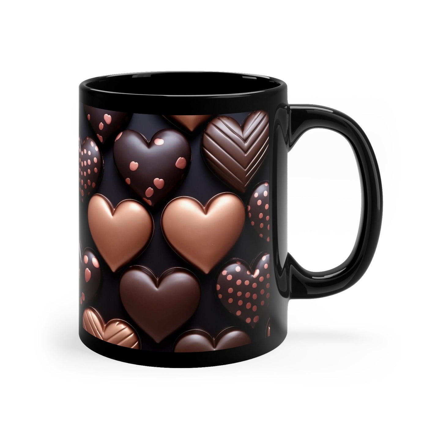 11oz Black Mug, Heart chocolate candy  print pattern all over design theme valentines birthday sweatheart  coffee beverage cup gift
