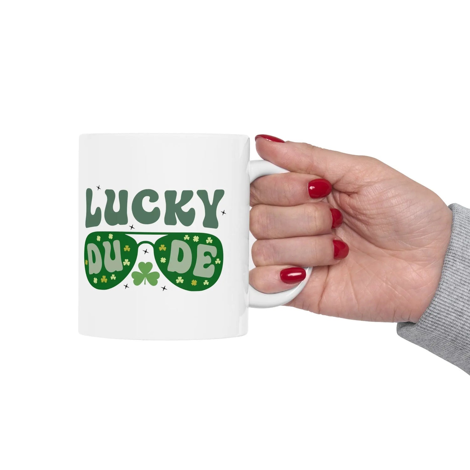 Ceramic Mug 11oz, Lucky Dude St Pattys Day Mug, Green Clover Coffee Mug, Shamrock Lucky Male Mug, Festive Holiday Cup
