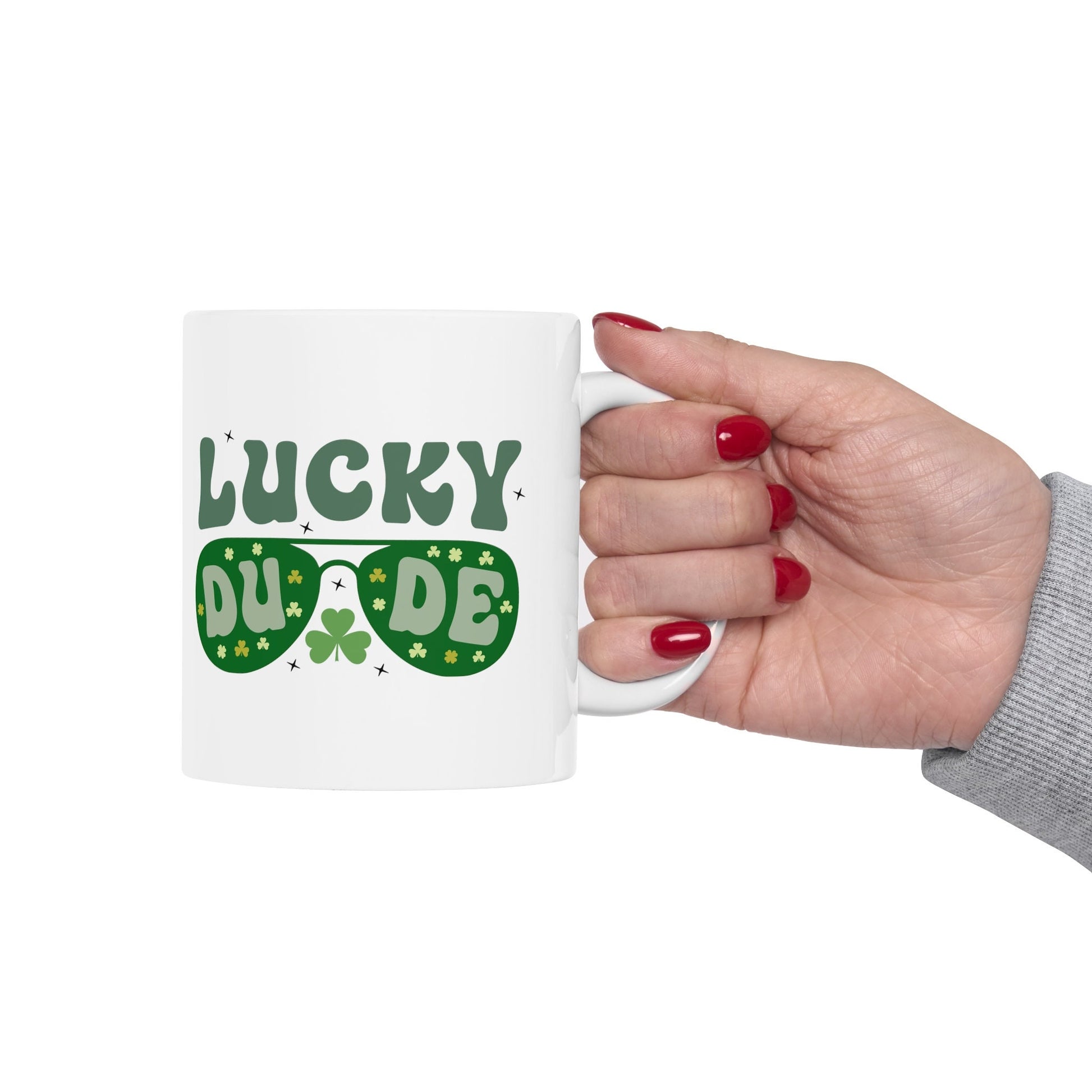 Ceramic Mug 11oz, Lucky Dude St Pattys Day Mug, Green Clover Coffee Mug, Shamrock Lucky Male Mug, Festive Holiday Cup