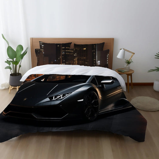 Comforter, matte black Lamborghini stylish bed spread large fluffy quilted coverlet blanket  great for Teen room decor The Aurora Touch