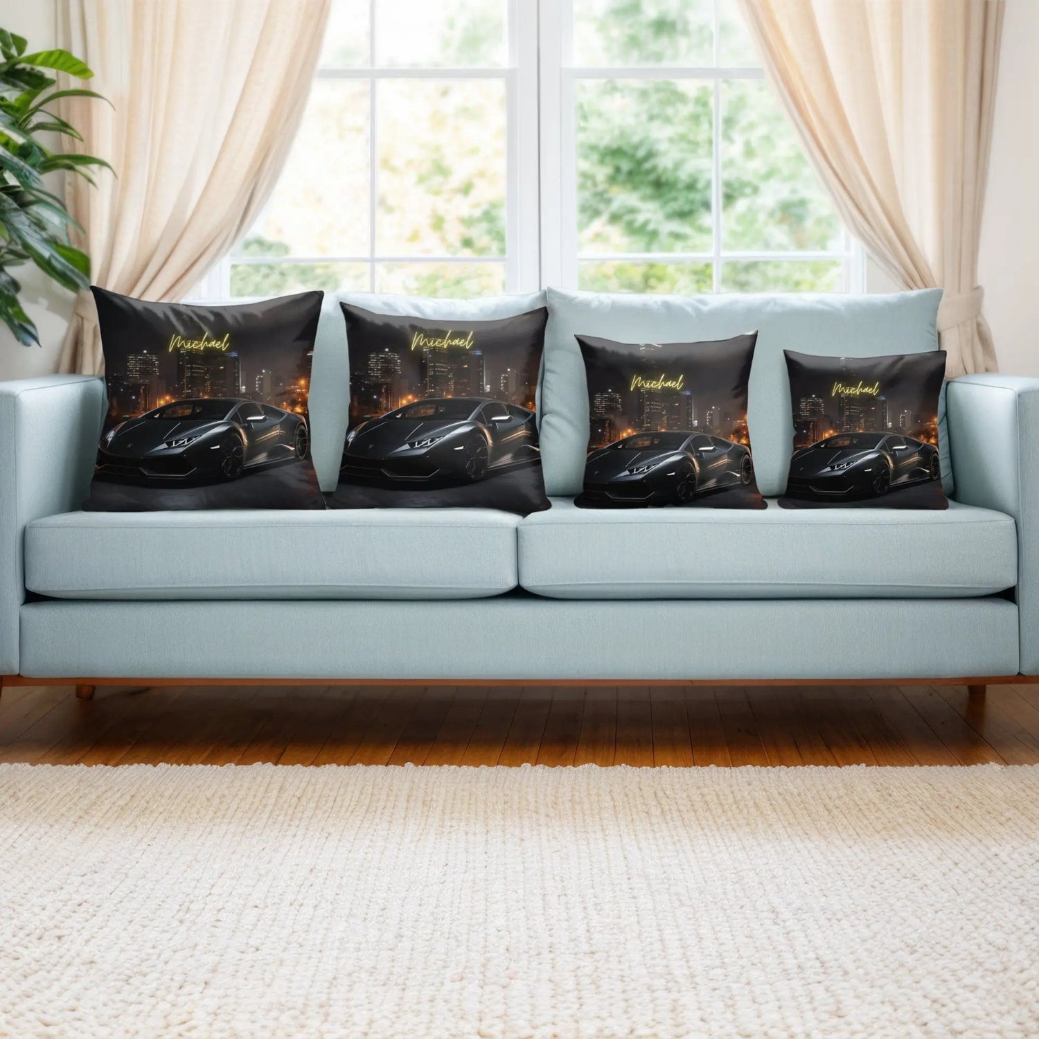Spun Polyester Square Pillow, personalized black matte modern Lamborghini bed couch decor throw pillow cushion great for teen gift The Aurora Touch