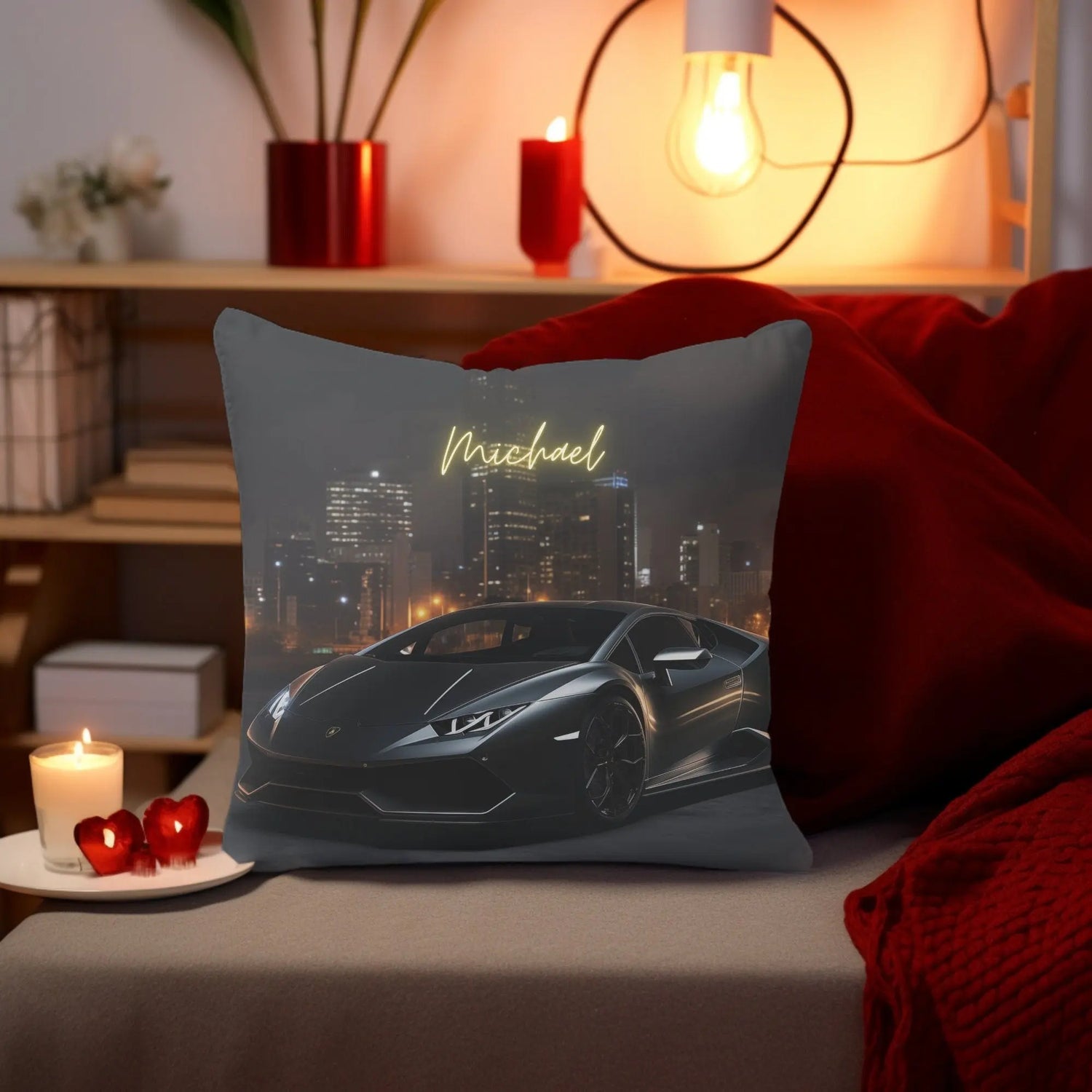 Spun Polyester Square Pillow, personalized black matte modern Lamborghini bed couch decor throw pillow cushion great for teen gift The Aurora Touch