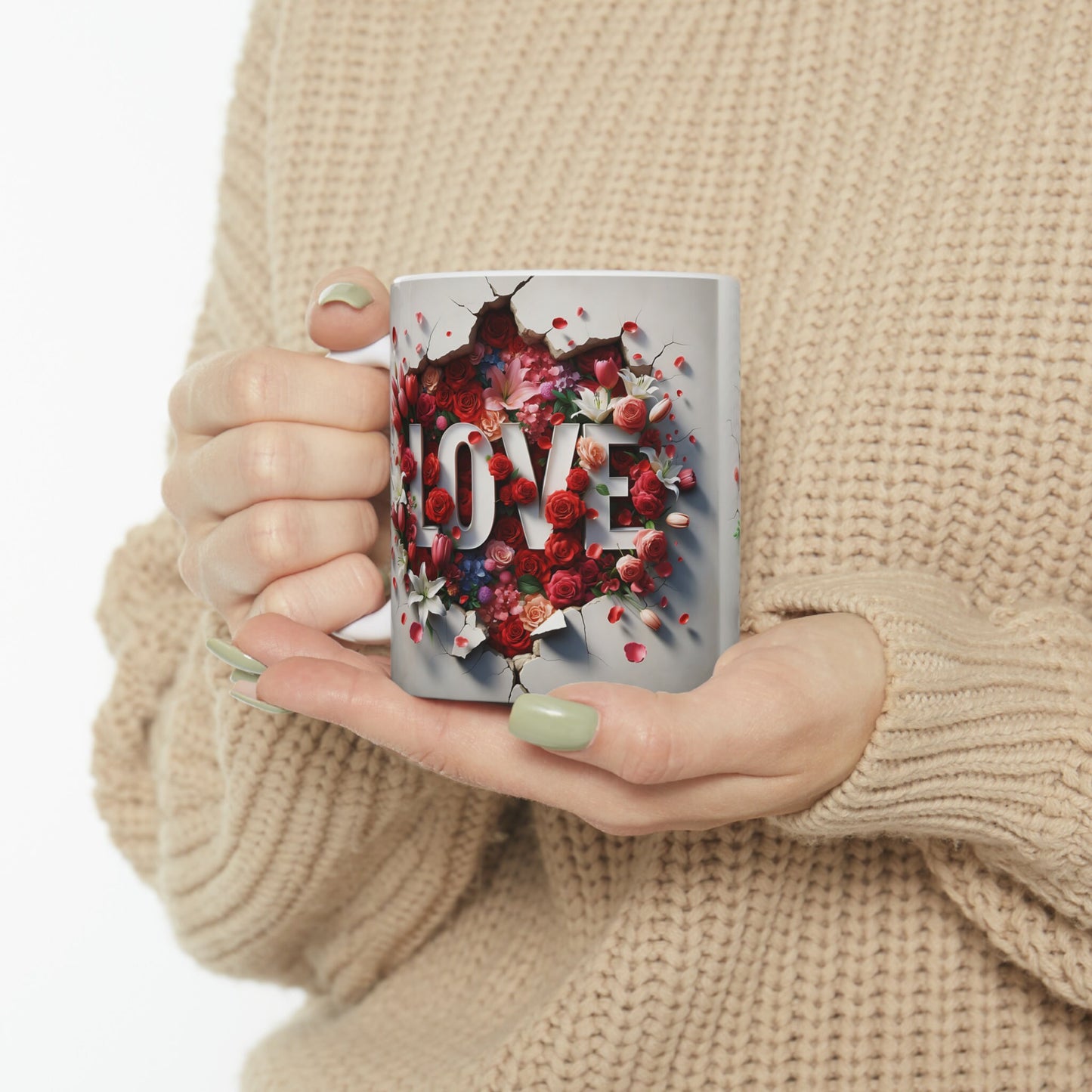 Ceramic Mug, 11oz, Love Momma 3D Love colorful floral everday modern day Mothers gift two side design  beverage home office drinking cup