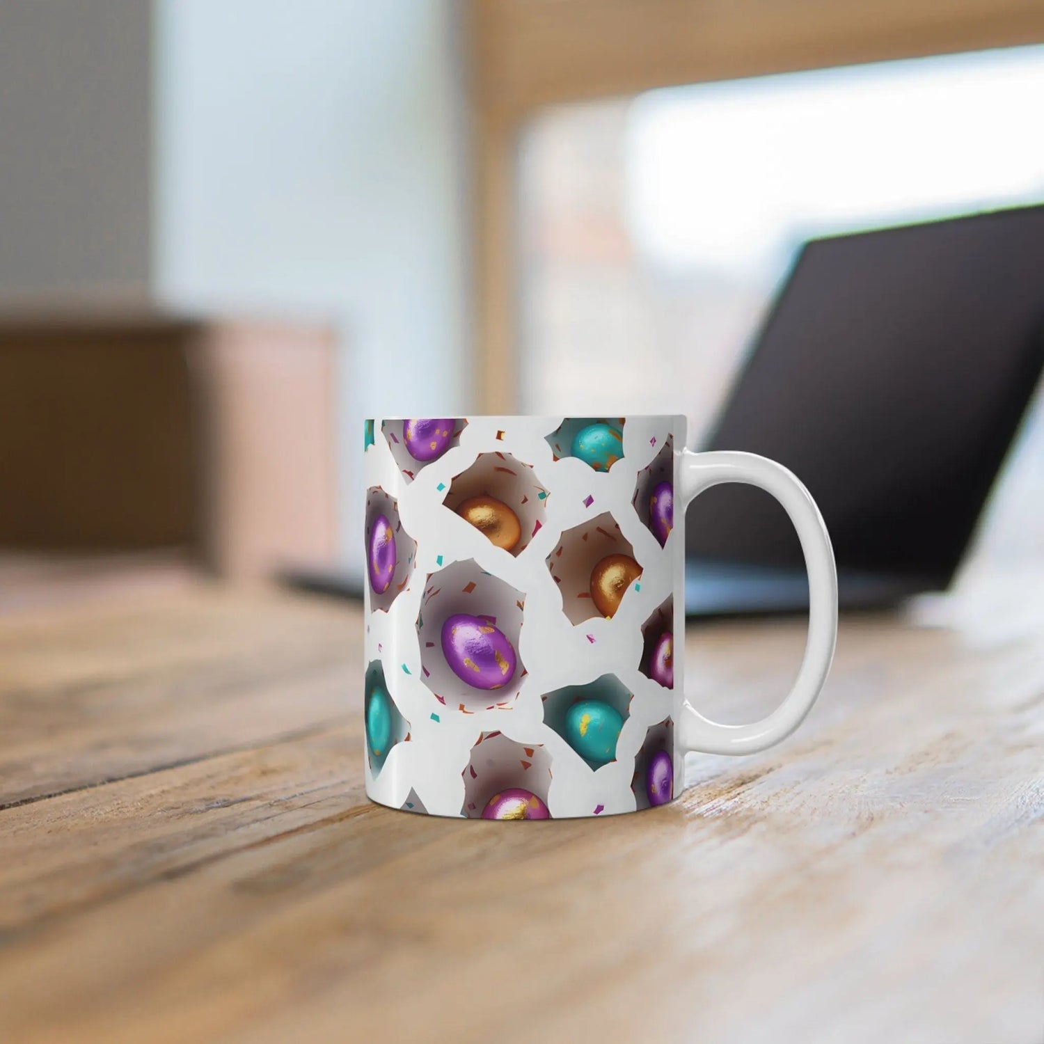 Mug 11oz, Easter Egg Coffee Mug, Colorful 3D Mug, Festive Coffee and Tea Cup, Smooth and Glossy Bunny Day Mug, Sunday Holiday Mug
