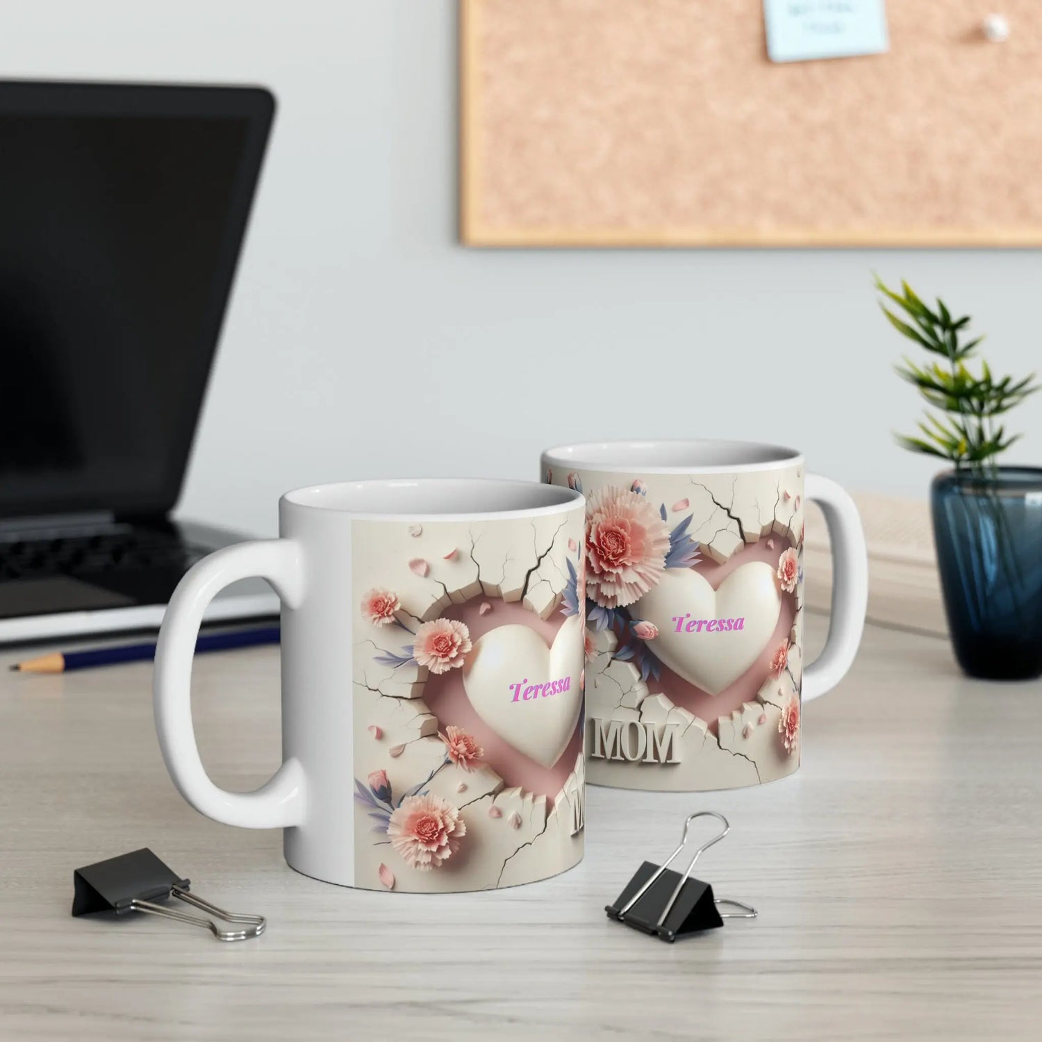 Ceramic Mug, 11oz, Personalized 3D Mom Mug, Pretty Pink Carnation Coffee Mug, Special Mothers Day Mug, Thoughtful Mom Gift