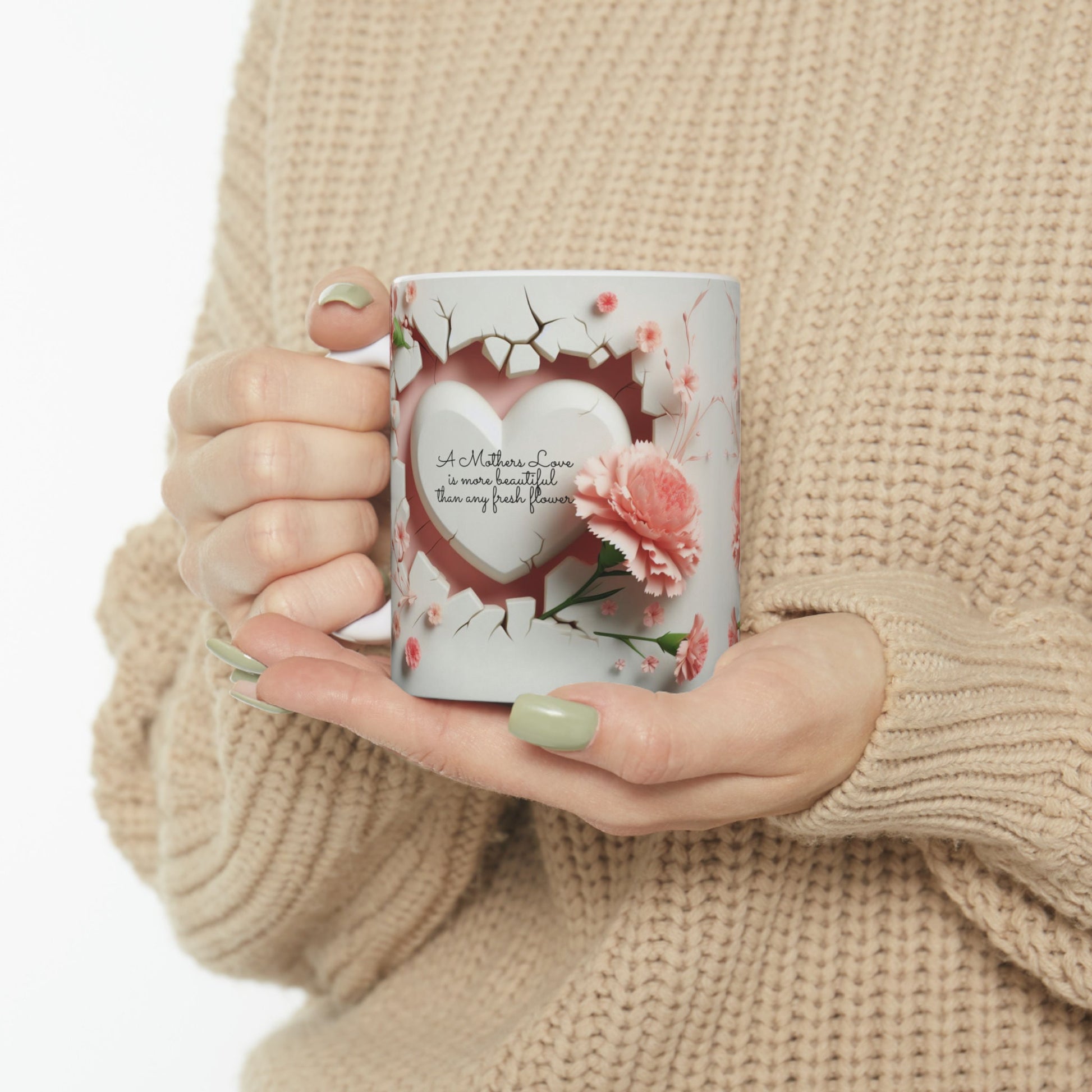 Ceramic Mug, 11oz, beautiful 3D Mothers Day Mug, Carnation pink coffee mug, Stylish Modern mug for Mom, great Mother's Day gift