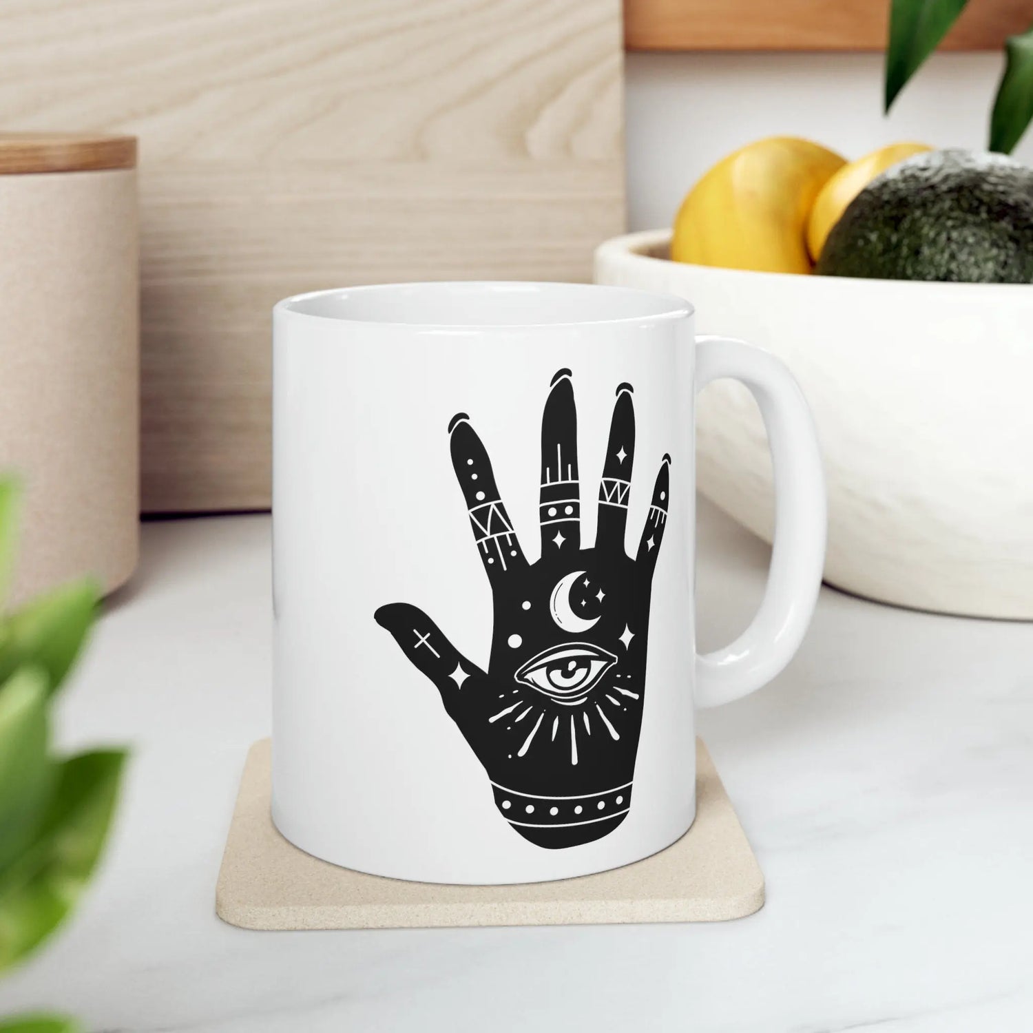 Celestial Ceramic Mug 11oz | Moon on Hand Astrological Design | Mystical & Lucky Coffee Tea Cup | Psychic Kitchen Mug | Celestial Coffee Mug The Aurora Touch
