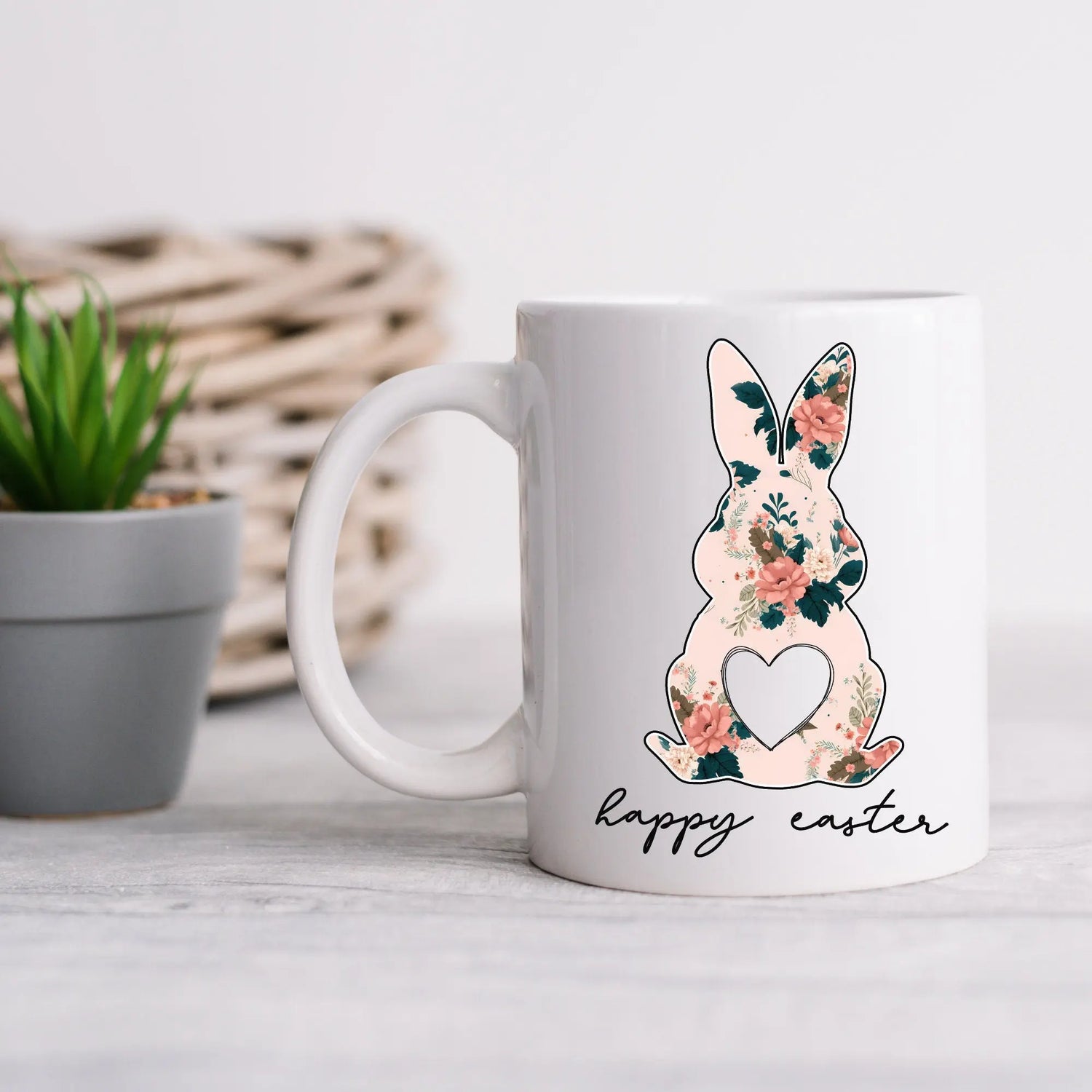 Ceramic Mug, 11oz,Easter Bunny Coffee Mug, Pretty Springtime Mug, Minimilist gift item, subtle sweet designs, Easter Holiday Kitchenware