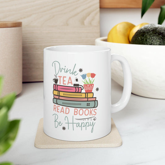 Ceramic Mug, 11oz, Book Lover minimalist  white pastel color coffee Tea english teacher student  gift happy student readers cup