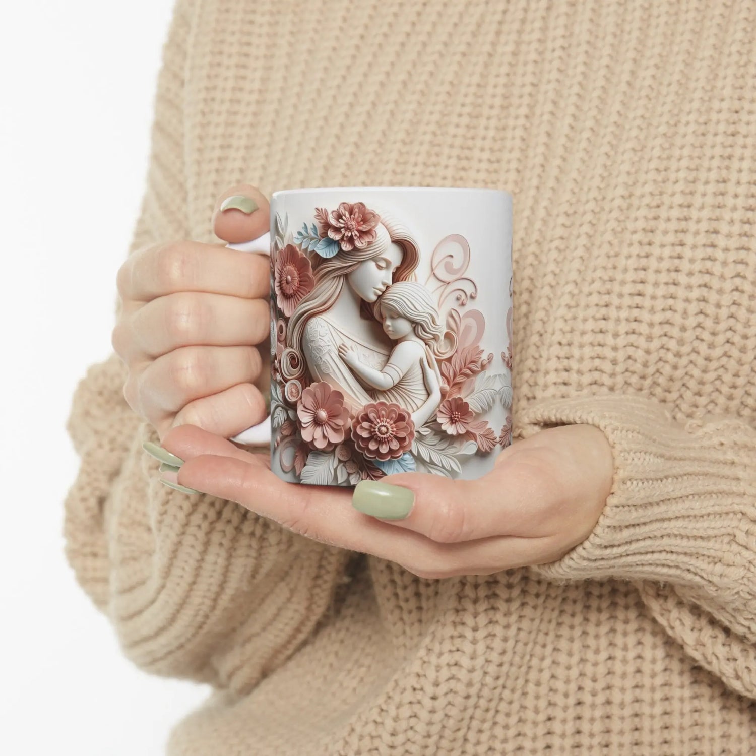 Ceramic Mug, 11oz, Beautiful Mother Child Design pink white floral artistic design baby shower Mother&