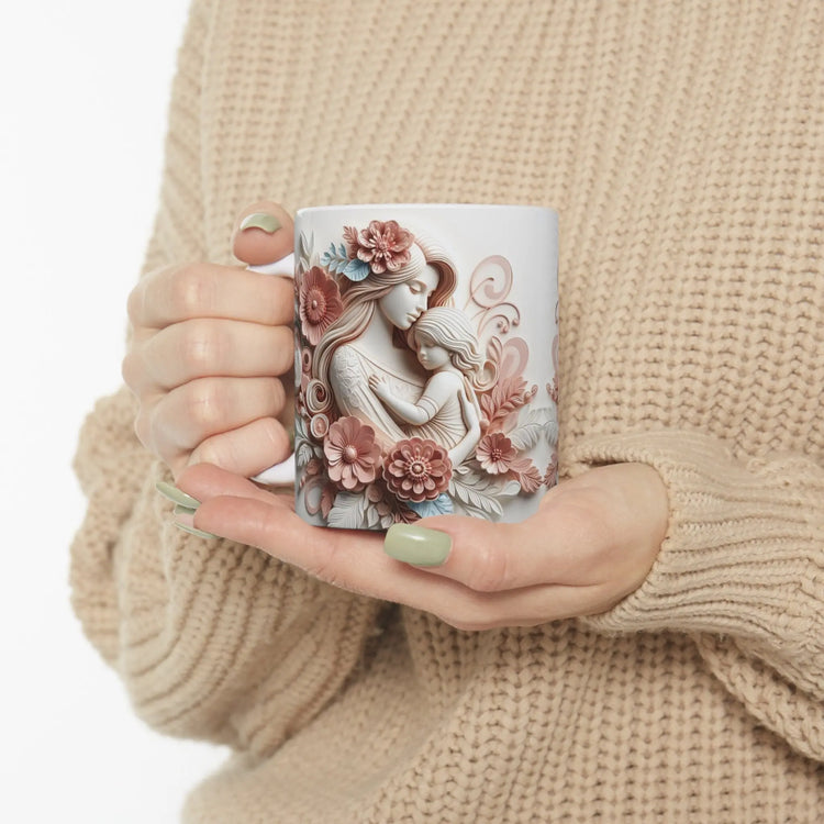 Ceramic Mug, 11oz, Beautiful Mother Child Design pink white floral artistic design baby shower Mother&