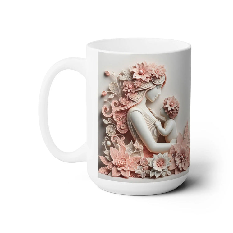 Ceramic Mug 15oz, Mother child large pink white floral everyday mom daughter beverage unique special gift cup