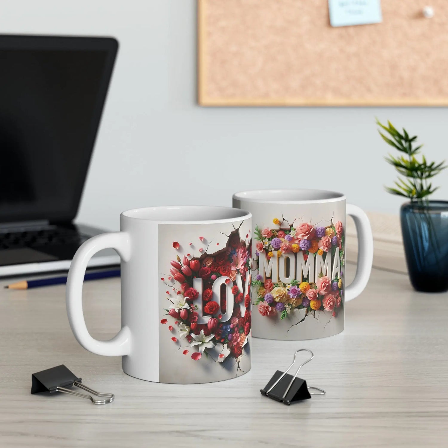 Ceramic Mug, 11oz, Love Momma 3D Love colorful floral everday modern day Mothers gift two side design  beverage home office drinking cup The Aurora Touch