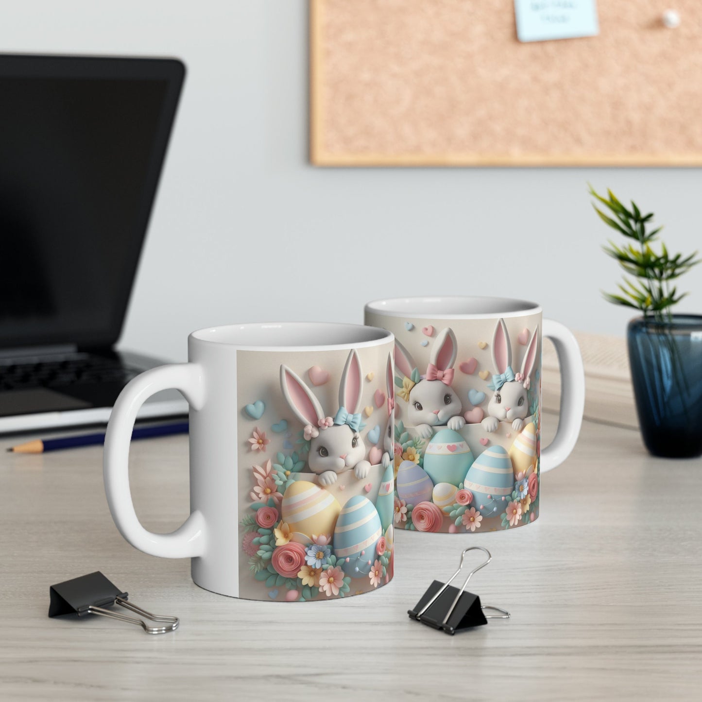 Ceramic Mug, 11oz, 3D Easter bunny pastel color springtime adorable print coffee tea beverage cup