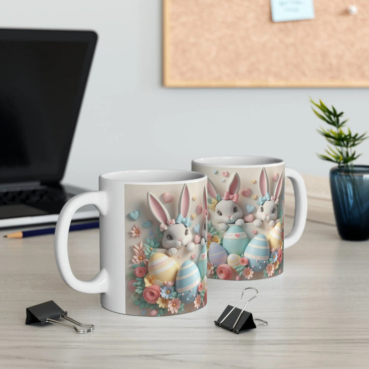 Ceramic Mug, 11oz, 3D Easter bunny pastel color springtime adorable print coffee tea beverage cup The Aurora Touch