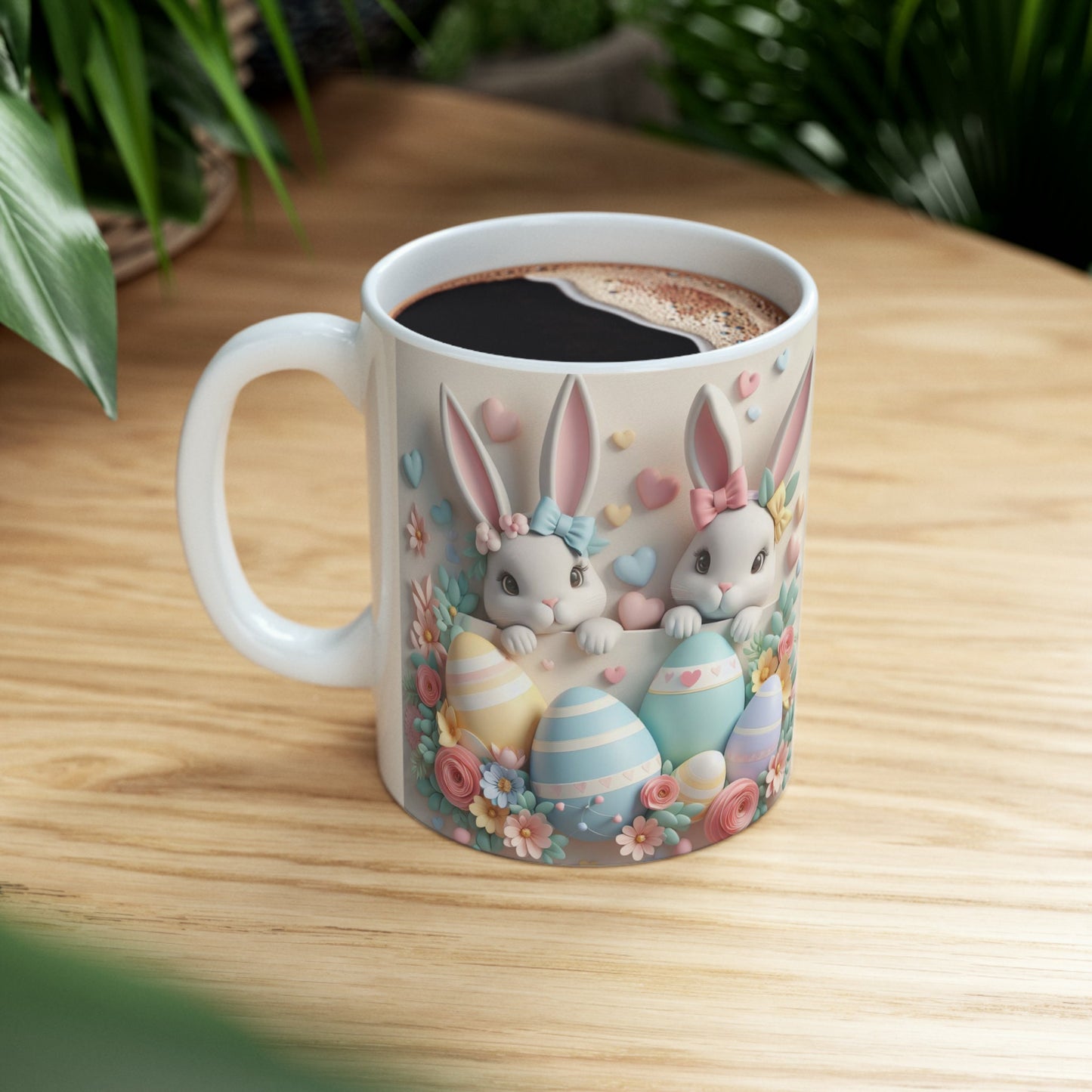 Ceramic Mug, 11oz, 3D Easter bunny pastel color springtime adorable print coffee tea beverage cup