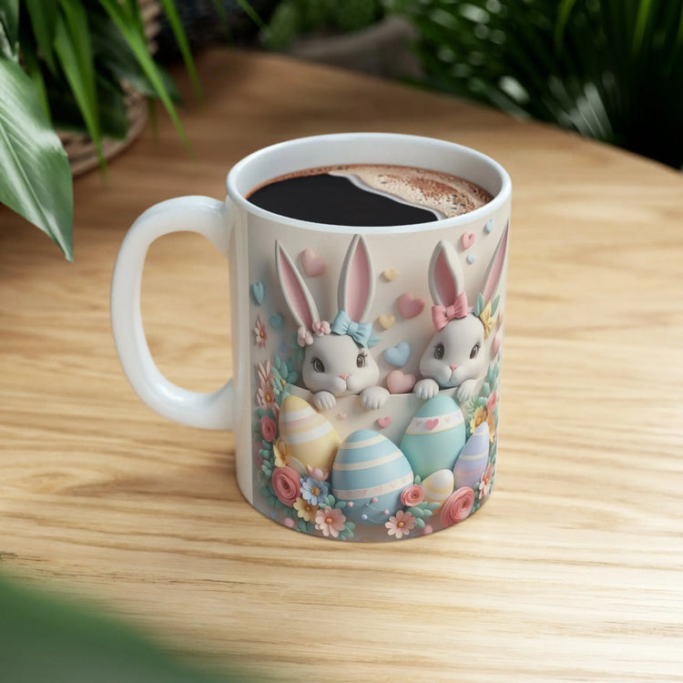 Ceramic Mug, 11oz, 3D Easter bunny pastel color springtime adorable print coffee tea beverage cup The Aurora Touch