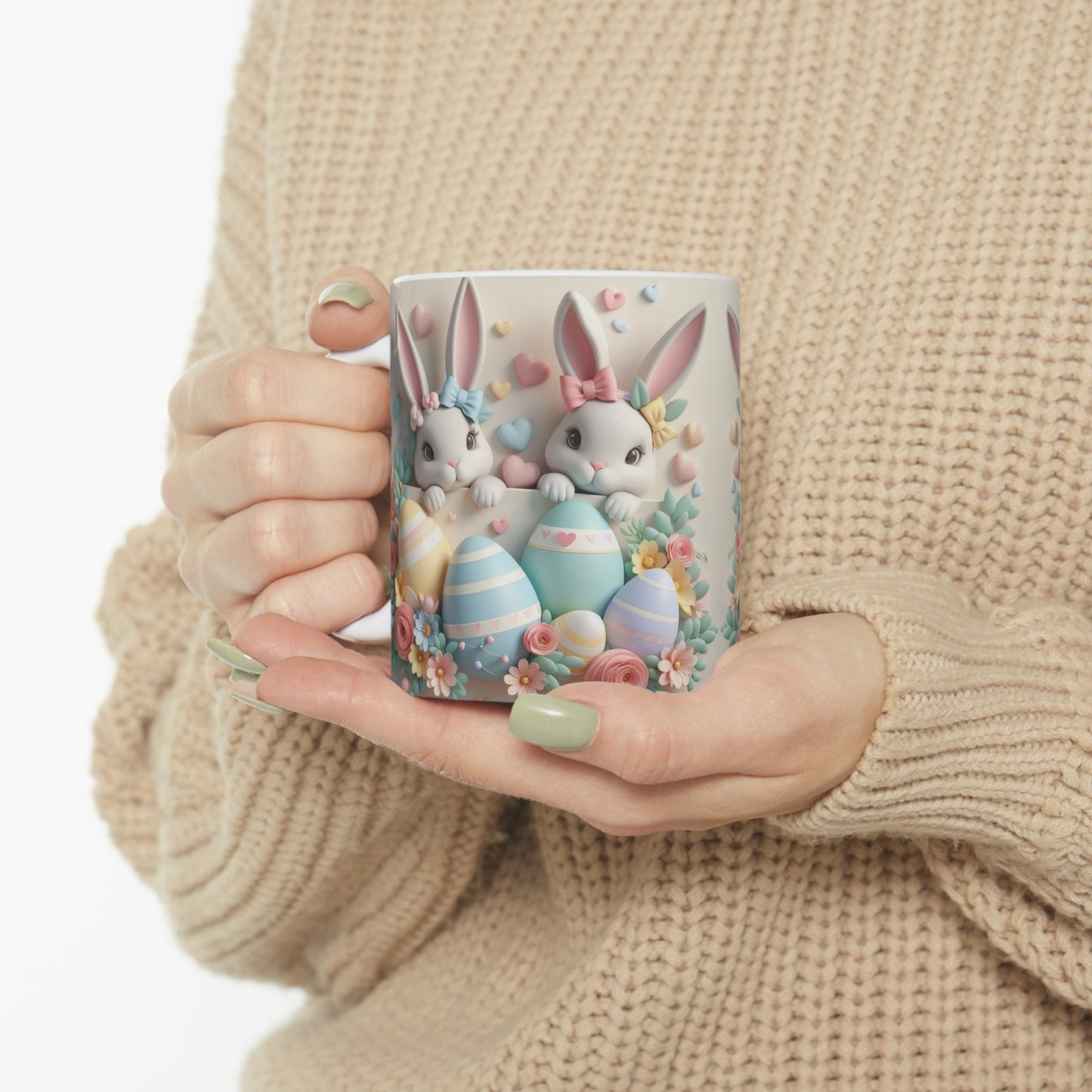 Ceramic Mug, 11oz, 3D Easter bunny pastel color springtime adorable print coffee tea beverage cup