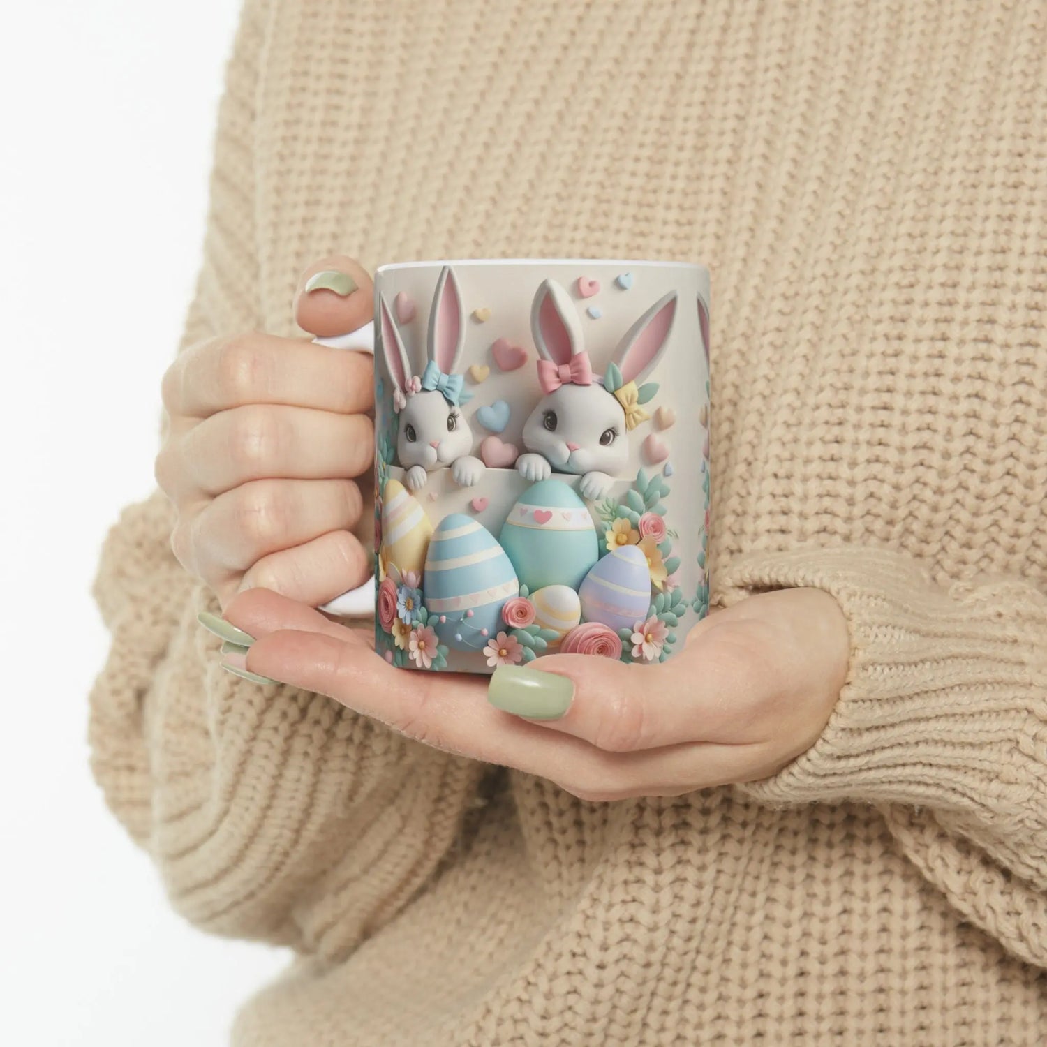 Ceramic Mug, 11oz, 3D Easter bunny pastel color springtime adorable print coffee tea beverage cup The Aurora Touch