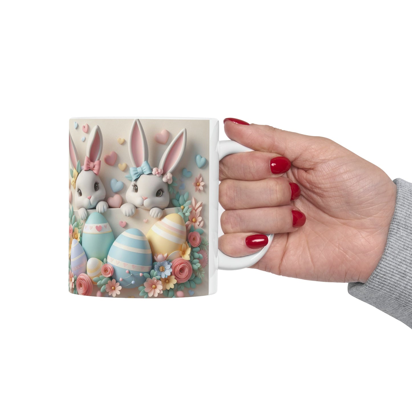 Ceramic Mug, 11oz, 3D Easter bunny pastel color springtime adorable print coffee tea beverage cup