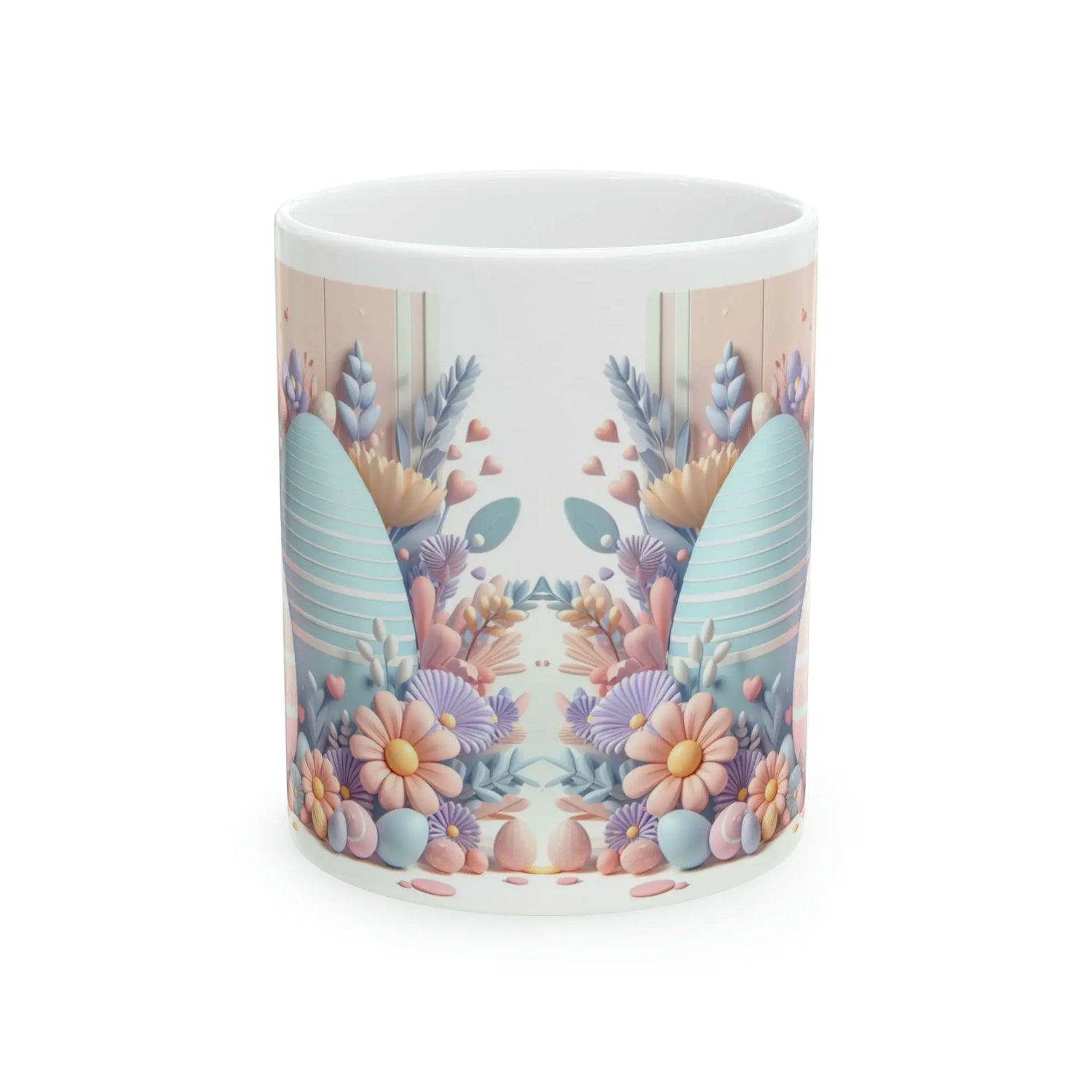Ceramic Mug, 11oz, Pastel Easter Mug, 3D Bunny eggs coffee mug, adorable springtime designs, artistic easter gift