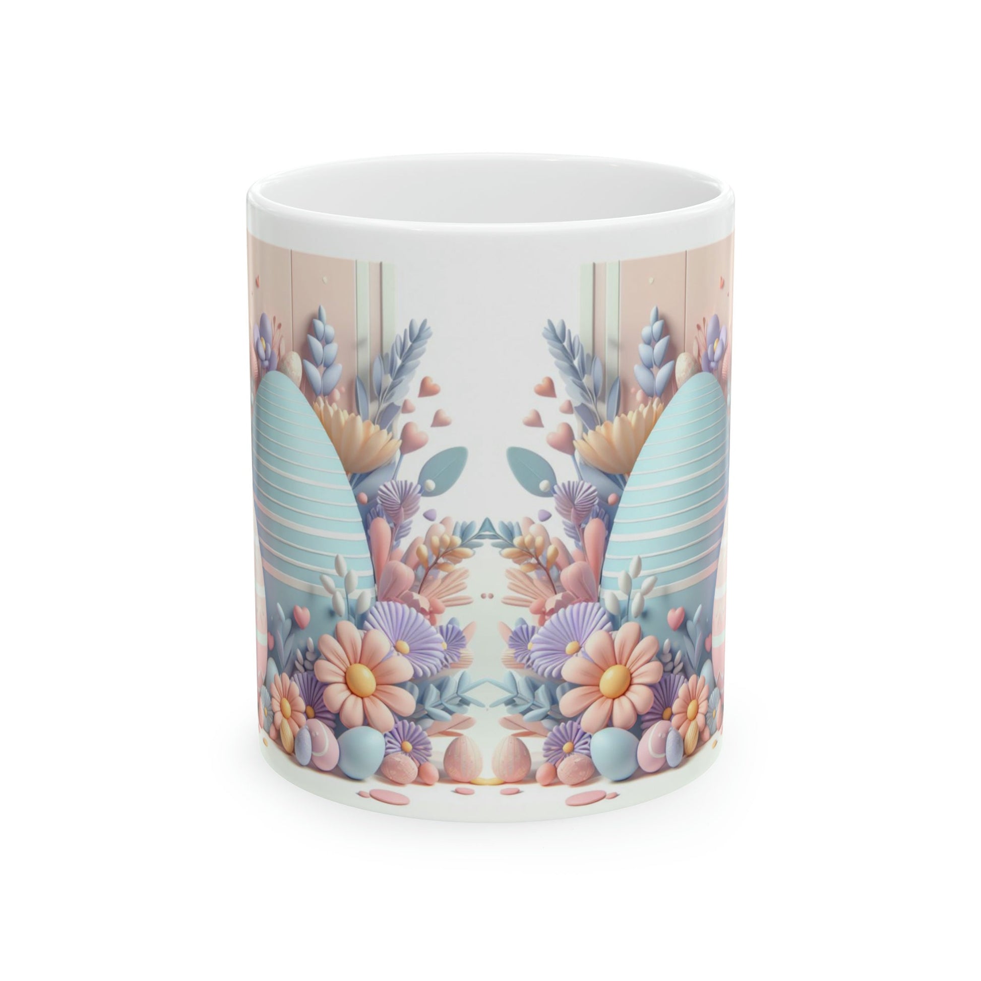 Ceramic Mug, 11oz, Pastel Easter Mug, 3D Bunny eggs coffee mug, adorable springtime designs, artistic easter gift