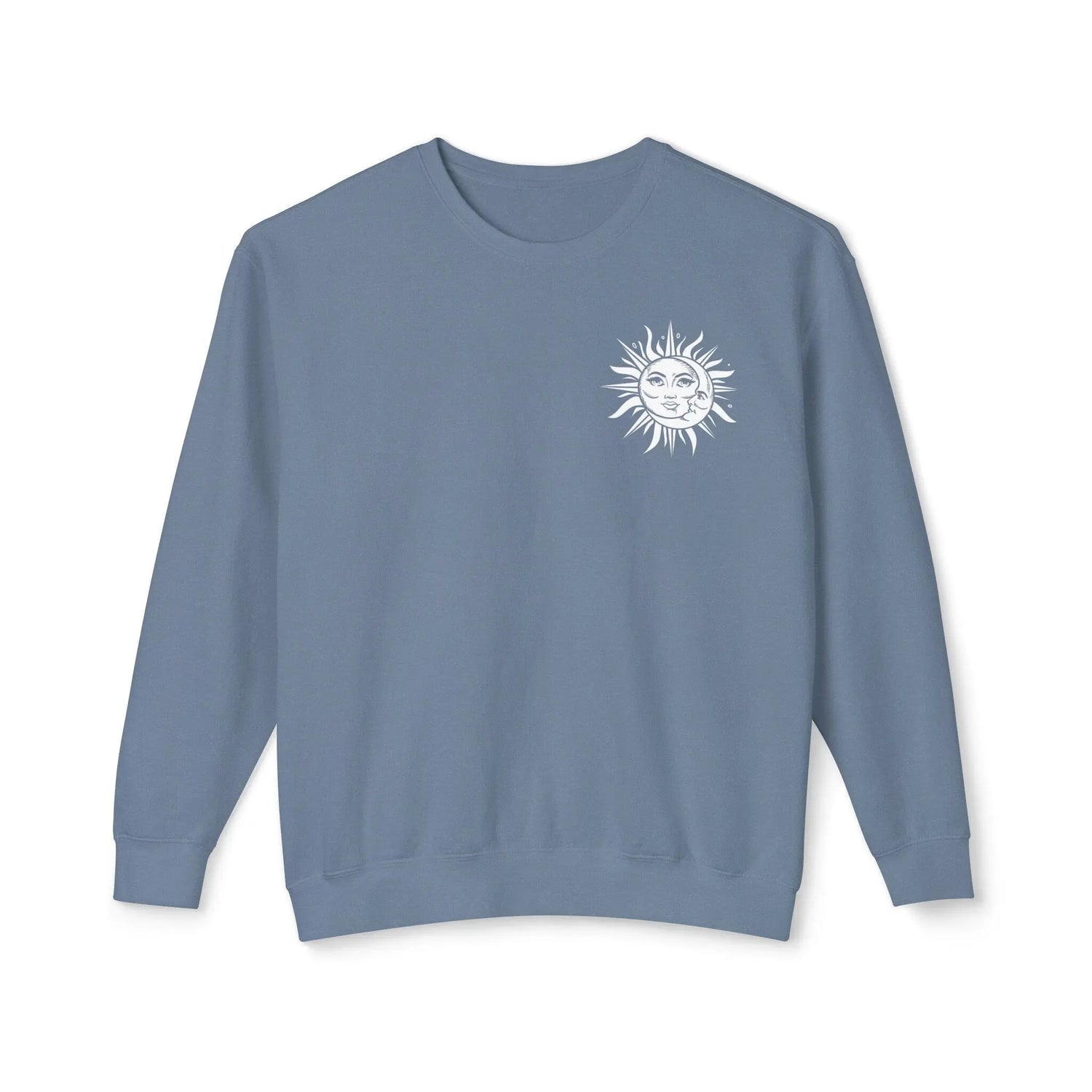 Unisex Lightweight Crewneck Sweatshirt, Sun Moon Tarot soft cozy casual everyday jeans celestial psychic realm inspired jean sweatshirt