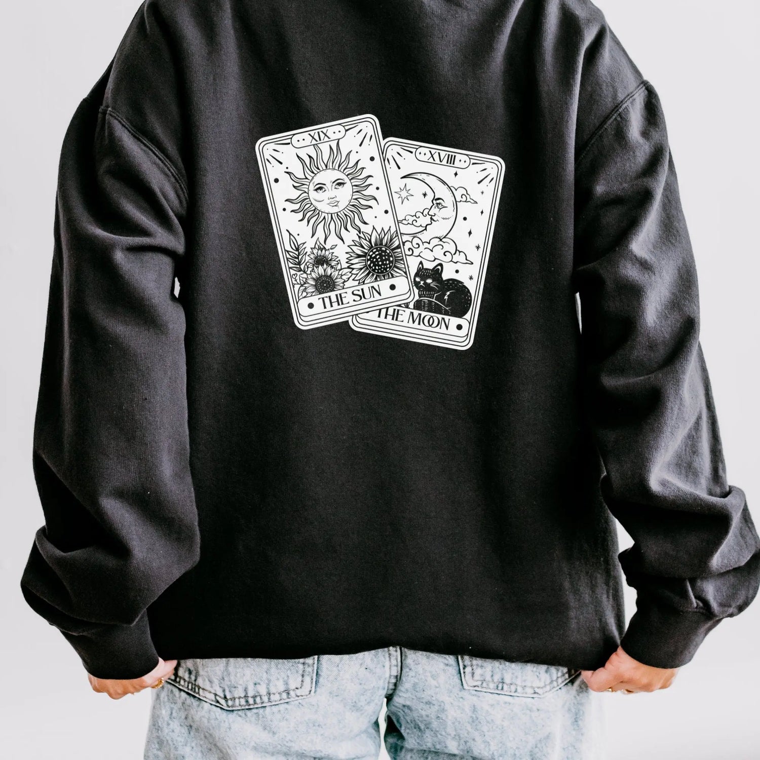 Unisex Lightweight Crewneck Sweatshirt, Sun Moon Tarot soft cozy casual everyday jeans celestial psychic realm inspired jean sweatshirt