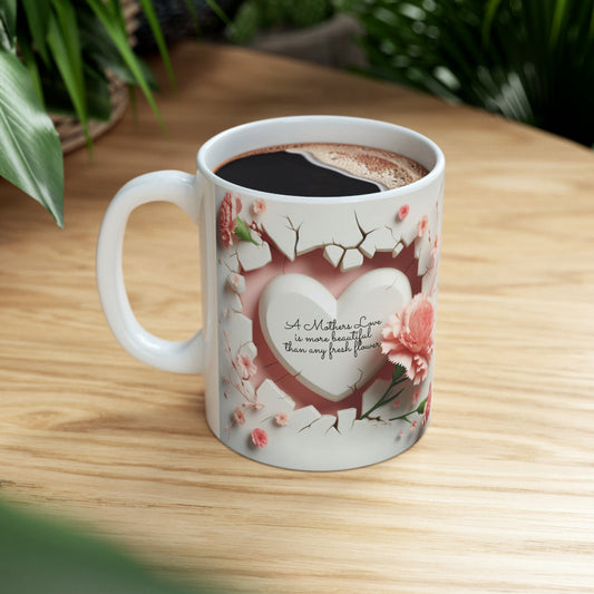 Ceramic Mug, 11oz, beautiful 3D Mothers Day Mug, Carnation pink coffee mug, Stylish Modern mug for Mom, great Mother's Day gift