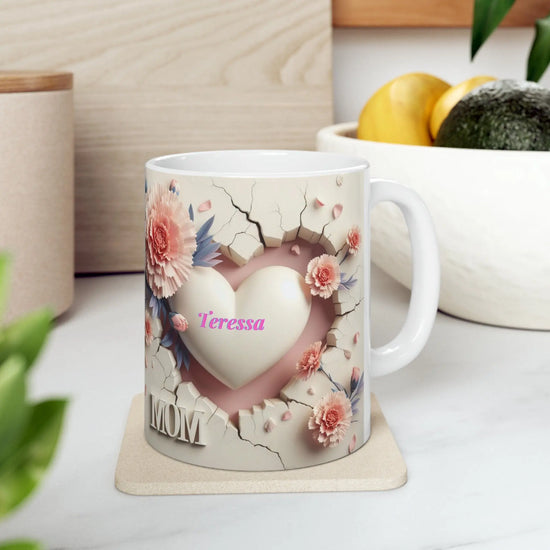 Ceramic Mug, 11oz, Personalized 3D Mom Mug, Pretty Pink Carnation Coffee Mug, Special Mothers Day Mug, Thoughtful Mom Gift