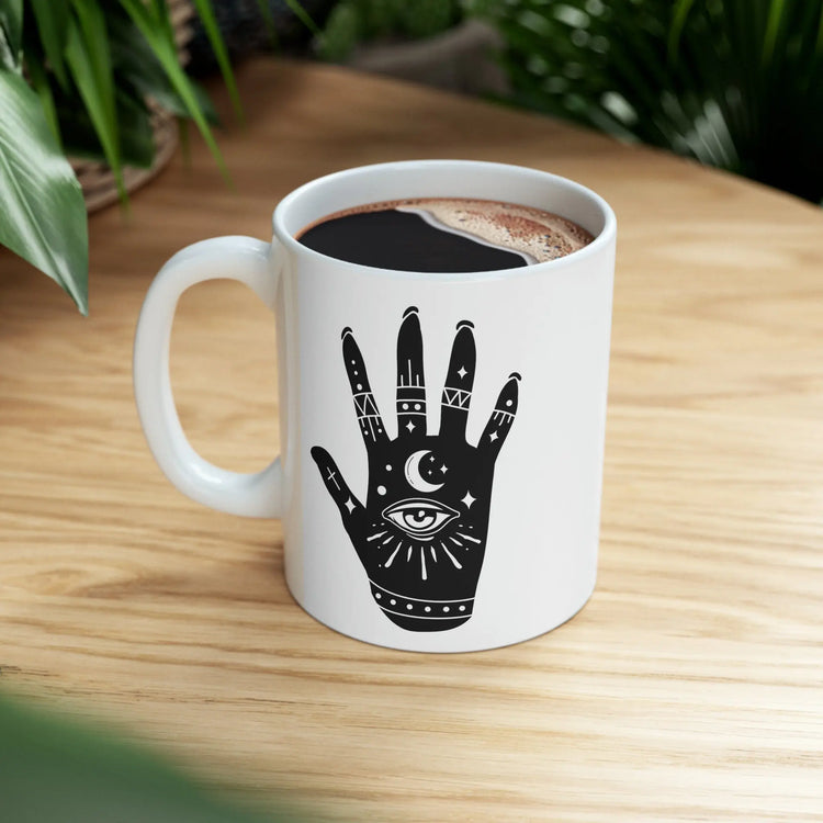 Celestial Ceramic Mug 11oz | Moon on Hand Astrological Design | Mystical & Lucky Coffee Tea Cup | Psychic Kitchen Mug | Celestial Coffee Mug The Aurora Touch