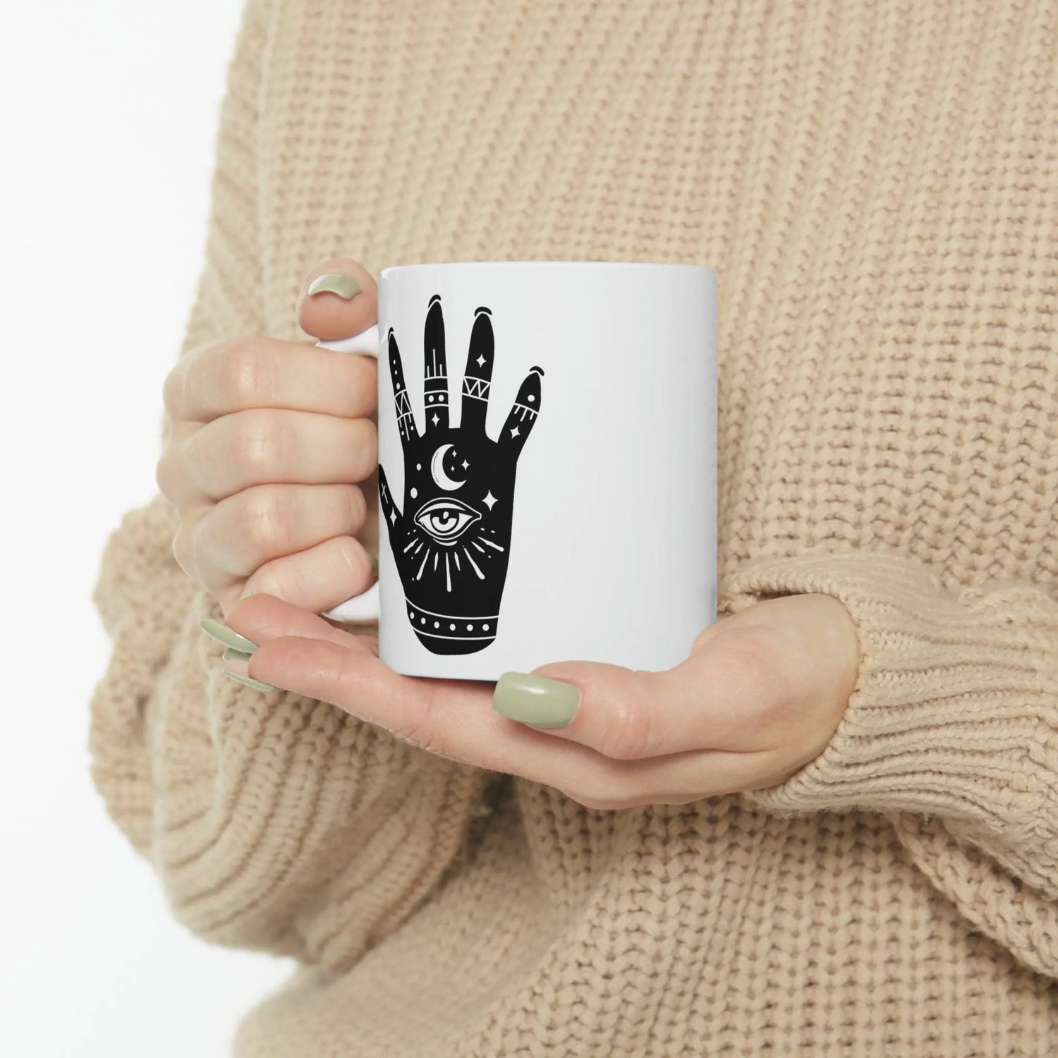 Celestial Ceramic Mug 11oz | Moon on Hand Astrological Design | Mystical & Lucky Coffee Tea Cup | Psychic Kitchen Mug | Celestial Coffee Mug The Aurora Touch