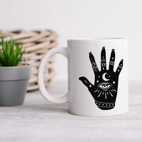 Celestial Ceramic Mug 11oz | Moon on Hand Astrological Design | Mystical & Lucky Coffee Tea Cup | Psychic Kitchen Mug | Celestial Coffee Mug The Aurora Touch