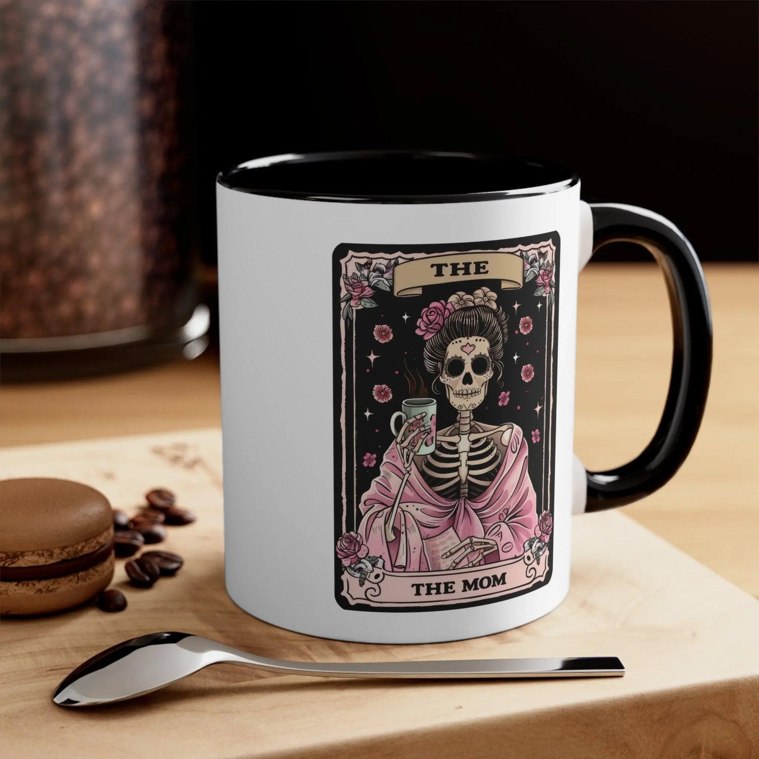 Accent Coffee Mug, 11oz, Mom Tarot Coffee psychic card Momma Day beverage Skeleton pink black tea novelty gift mug The Aurora Touch