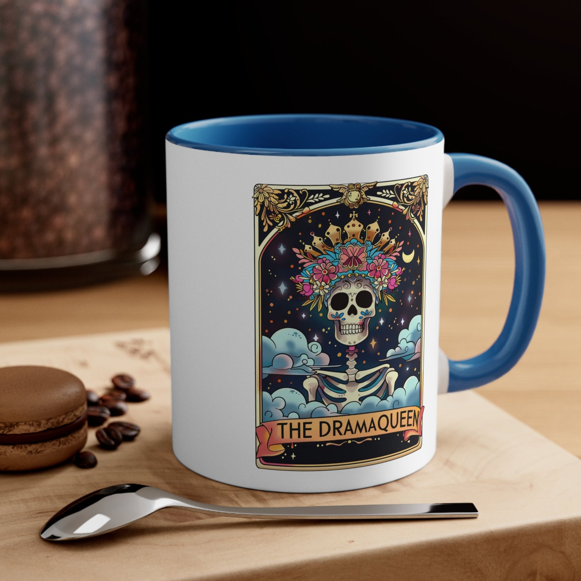 Accent Coffee Mug, The drama queen tarot skeleton funny mystical fortune art portrait coffee hot tea everyday beverage cup
