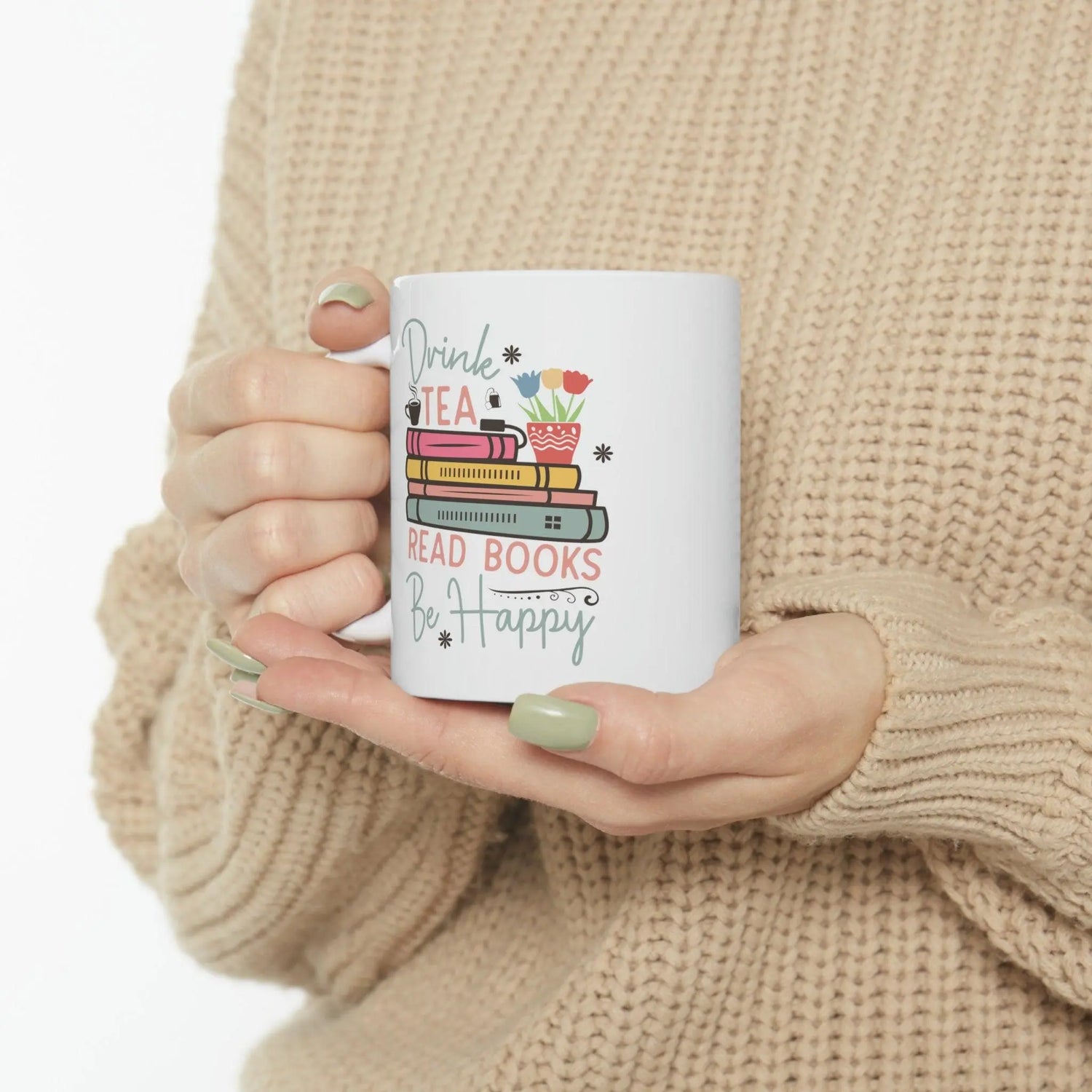 Ceramic Mug, 11oz, Book Lover minimalist  white pastel color coffee Tea english teacher student  gift happy student readers cup The Aurora Touch