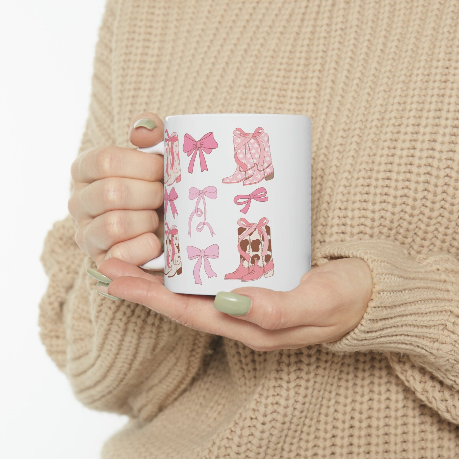 Ceramic Mug, 11oz pink ribbon Cowboy country style design pretty girl pink fashion coffee tea beverage cup