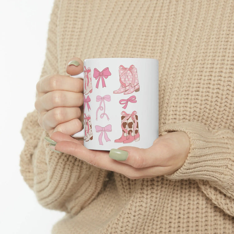 Ceramic Mug, 11oz pink ribbon Cowboy country style design pretty girl pink fashion coffee tea beverage cup