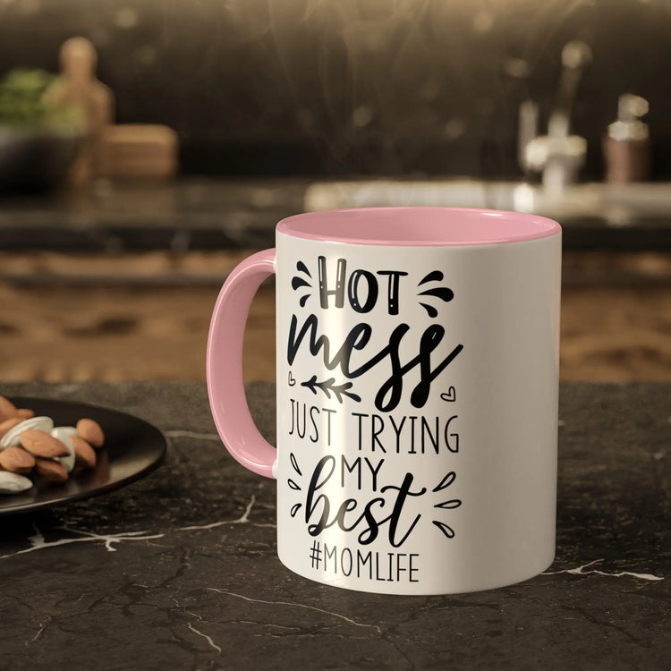 Colorful Mugs, 11oz, Humorous Hot mess Mom Life saying casual 2 tone coffee tea hot cocoa novelty funny cup great gift
